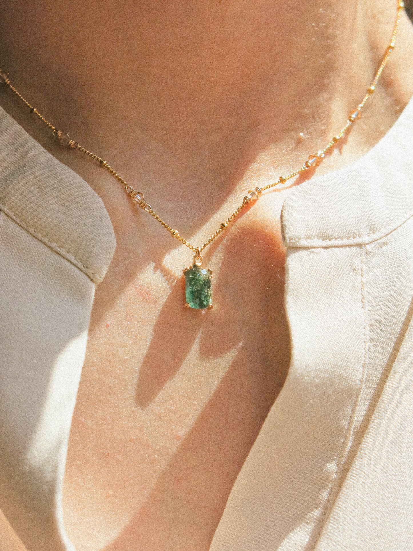 Prong Set Rectangle Teal Step Cut Tourmaline Necklace with Beaded Satellite Chain and Swarovski Crystal, 14K Gold Fill, 16”