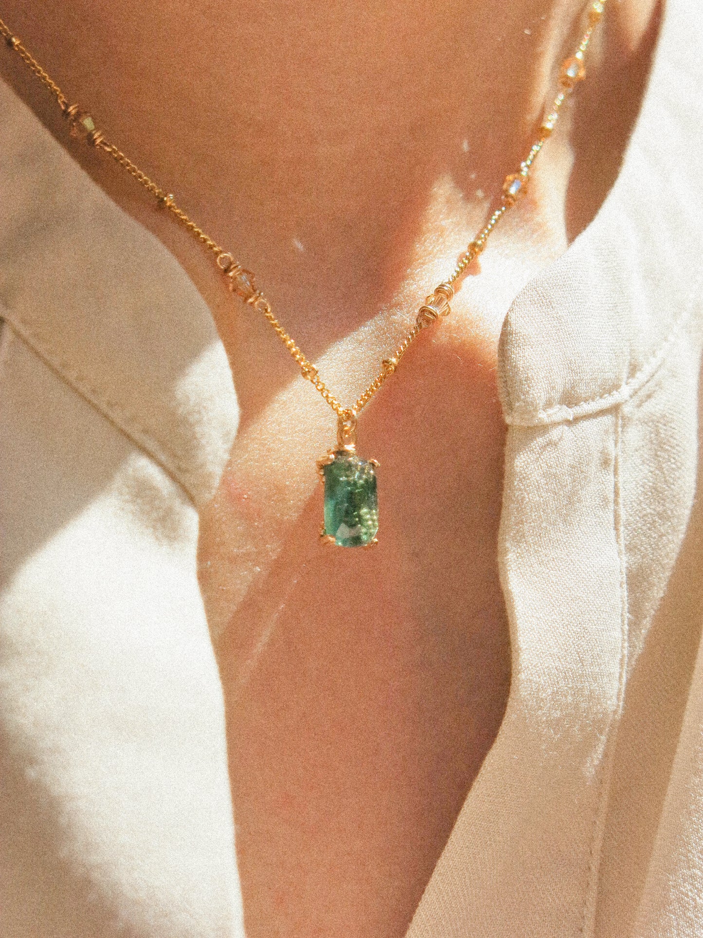 Prong Set Rectangle Teal Step Cut Tourmaline Necklace with Beaded Satellite Chain and Swarovski Crystal, 14K Gold Fill, 16”