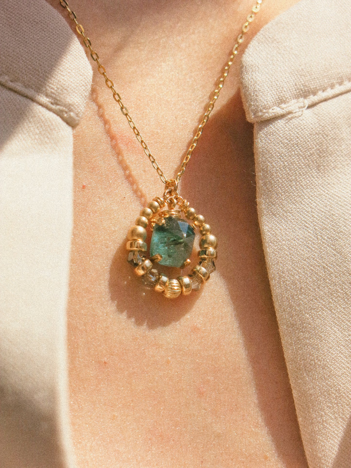 Suila Necklace in Prong Set Ombré Blue Rose Cut Tourmaline with Swarovski Crystal, 14K Gold Fill, 16”