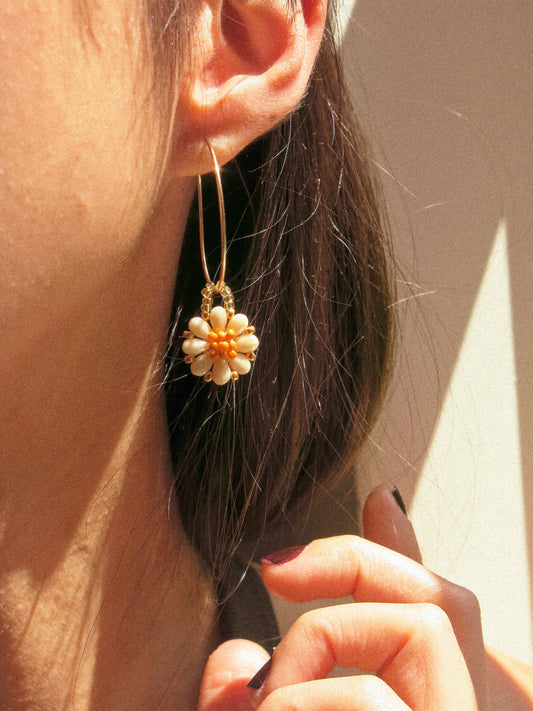 Customized Beaded Daisy Earrings, Pick a Color and Style: French Wire or Hammered Hoops, 14K Gold Fill