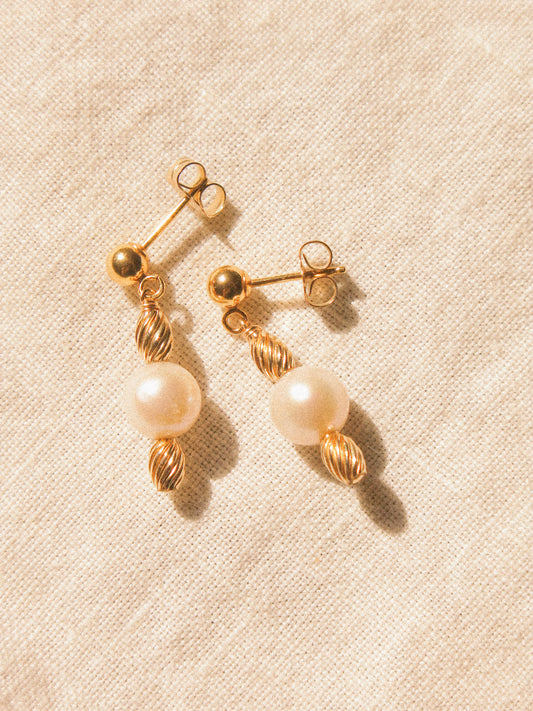 Sybbie Earrings, AAA Freshwater Pearl and Twist Bead on Ball Post, 14K Gold Fill