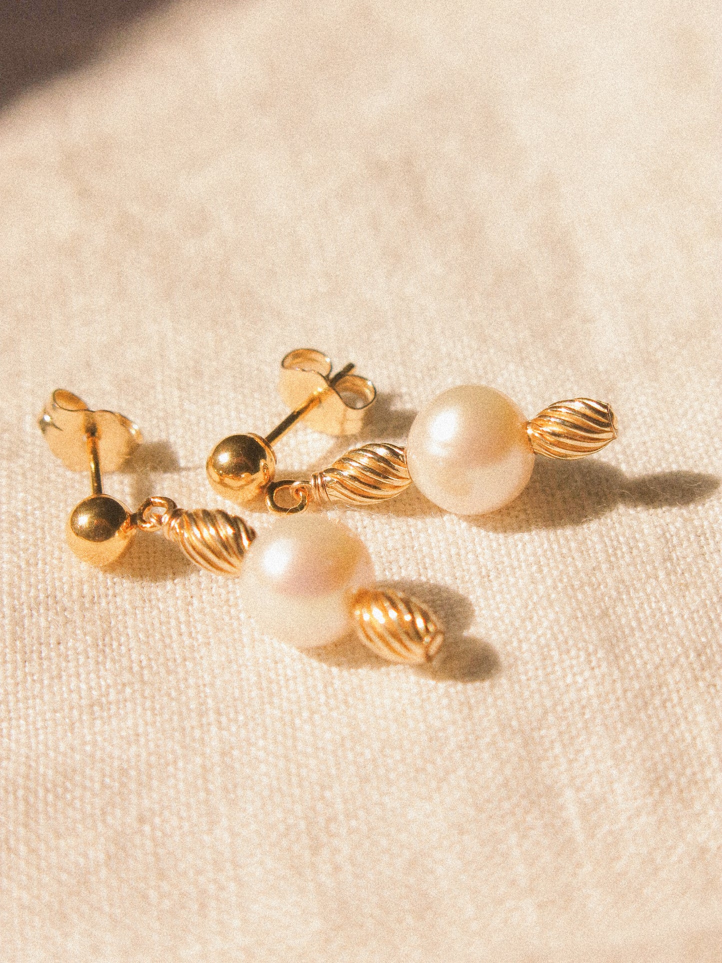 Sybbie Earrings, AAA Freshwater Pearl and Twist Bead on Ball Post, 14K Gold Fill