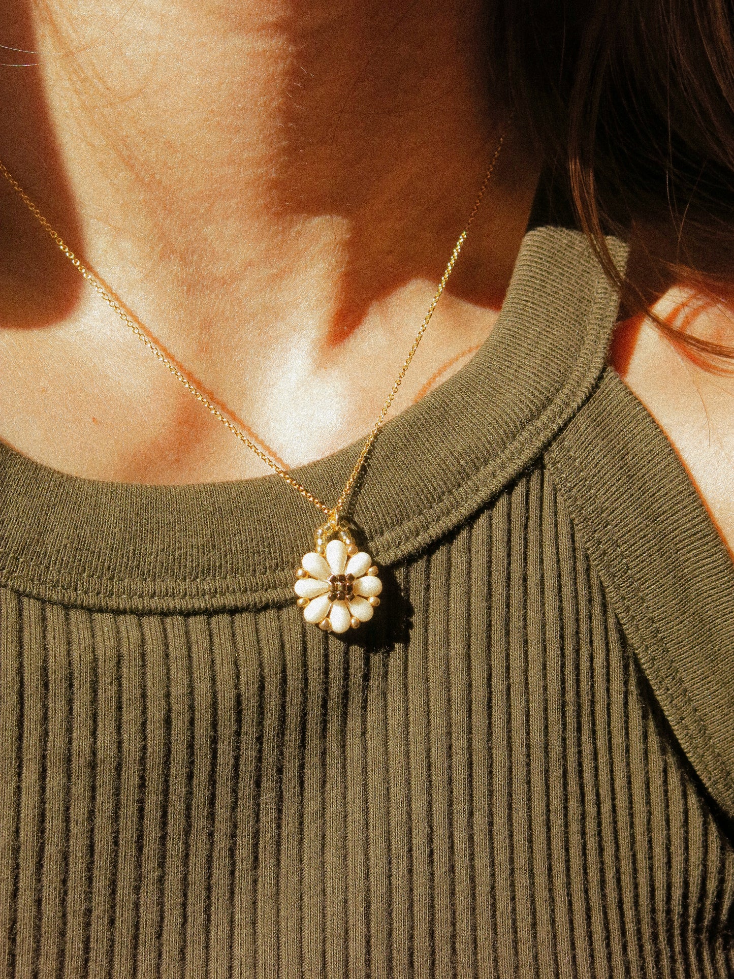 Customized Beaded Daisy Charm Necklace, Pick a Color and Length, 14K Gold Fill