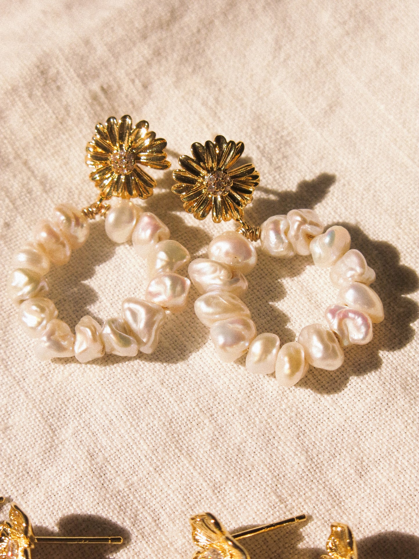 White Keshi Pearl Hoop Earrings on Zirconia Daisy Stud, 925 Sterling Silver Post