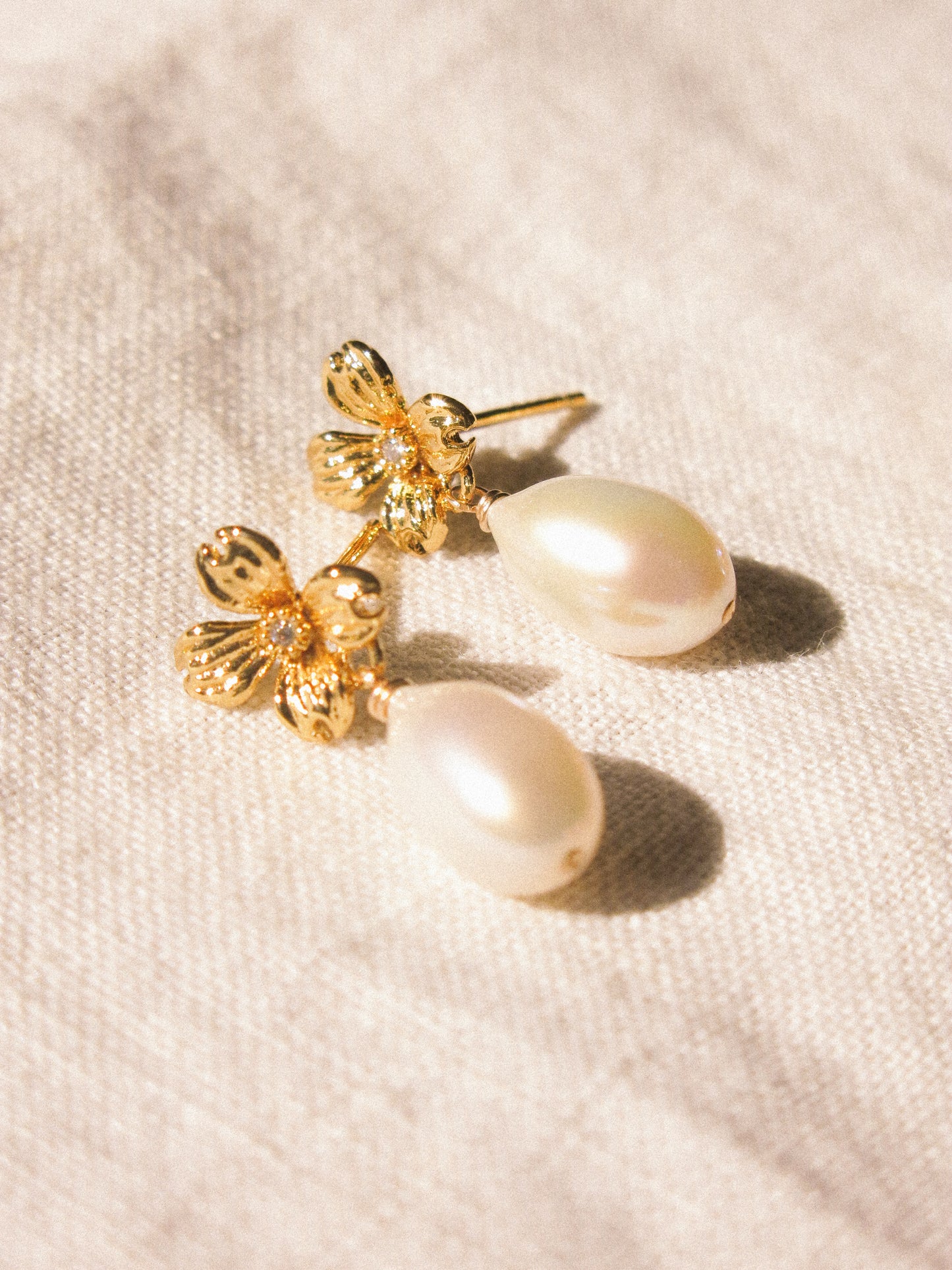 Flower Cubic Zirconia Post Earrings with White Teardrop Pearls, 925 Sterling Silver Post