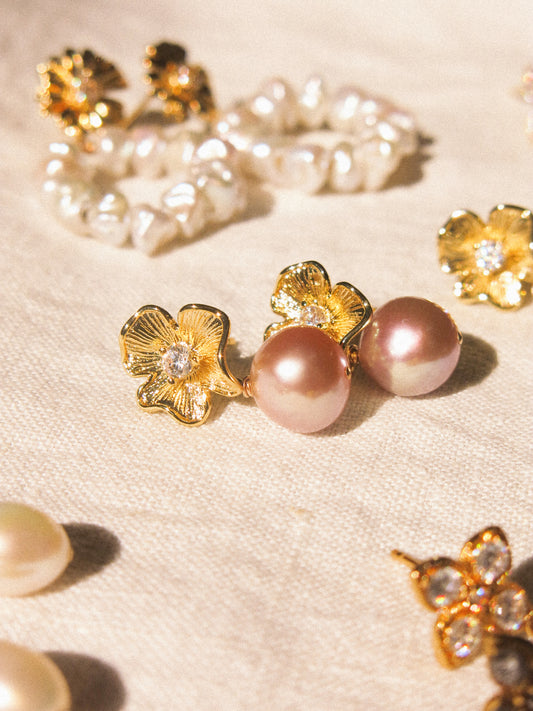 Flower Cubic Zirconia Post Earrings with Round Mauve Purple Edison Pearl, 925 Sterling Silver Post