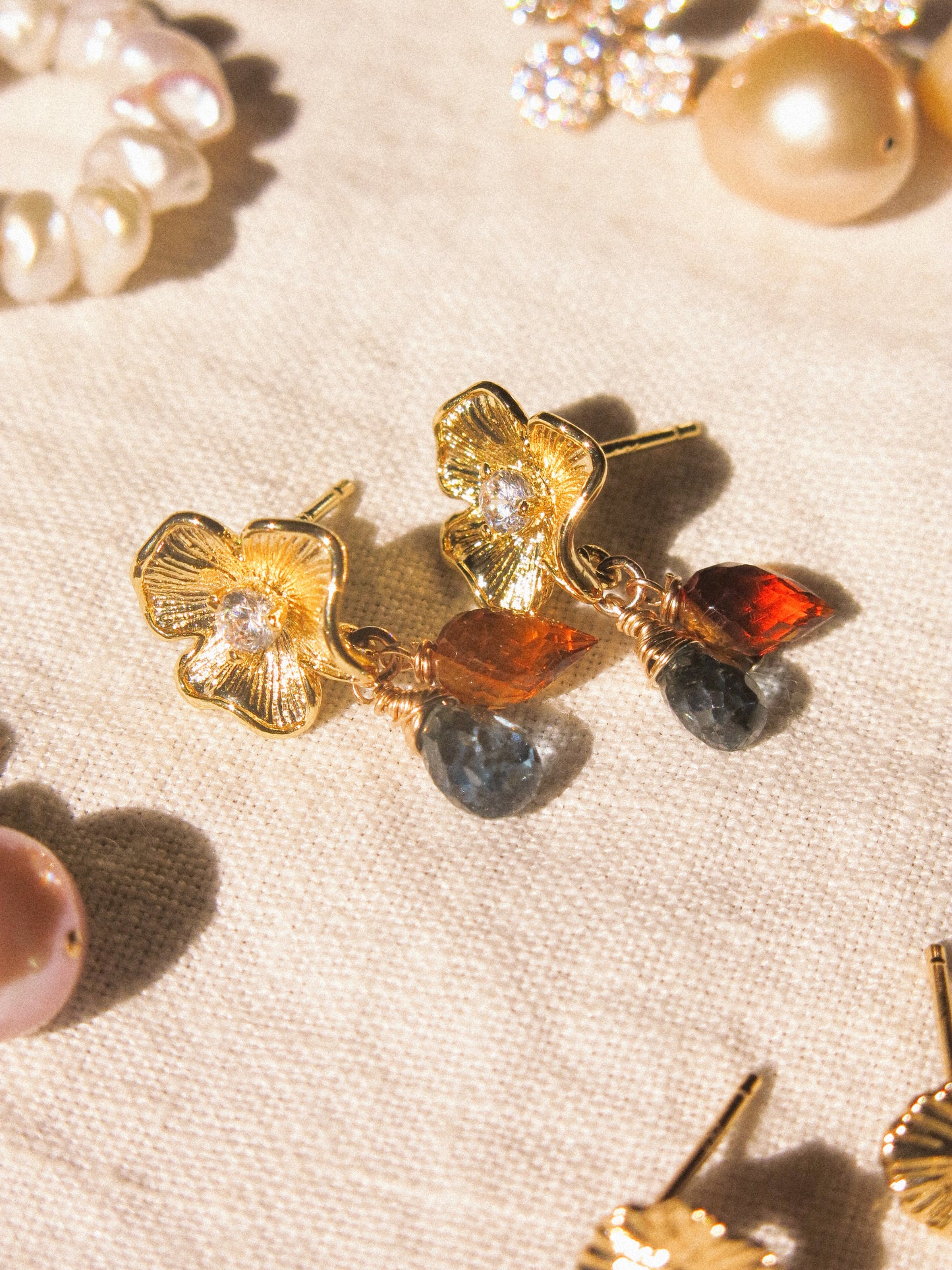 Flower Cubic Zirconia Post Earrings with London Blue Topaz and Brandy Citrine, 925 Sterling Silver Post