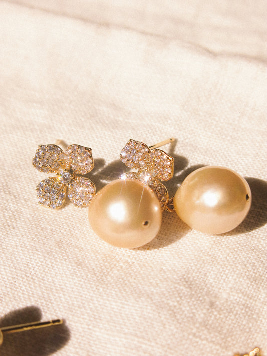 Flower Cubic Zirconia Pavé Post Earrings with Peach White AAA Edison Pearl, 925 Sterling Silver Post