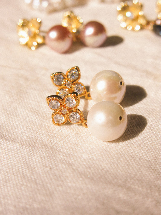 Clover Cubic Zirconia Post Earrings with White Round Edison Pearl, 925 Sterling Silver Post