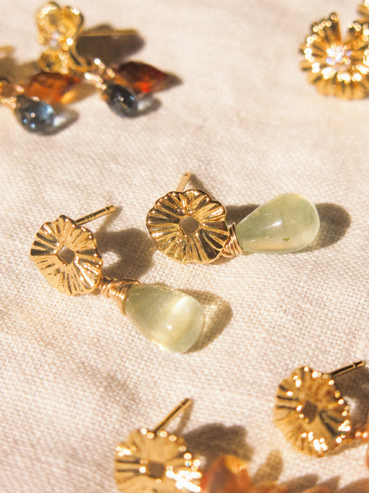 Lily Pad Circle Post Earrings with Smooth Prehnite Drops, 925 Sterling Silver Post