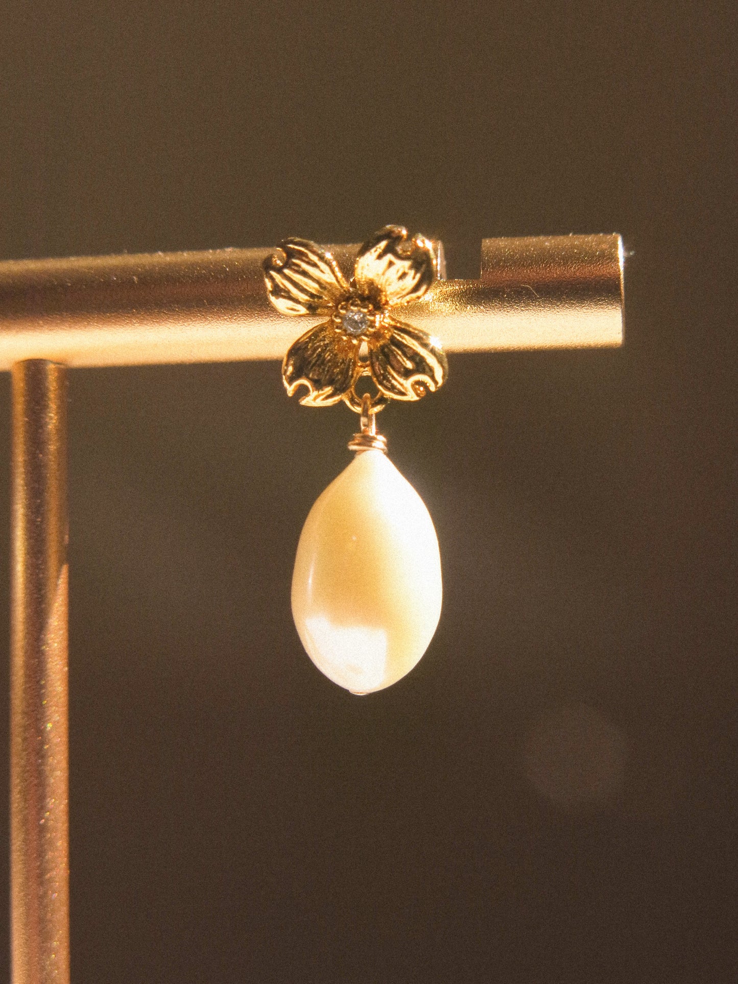 Flower Cubic Zirconia Post Earrings with White Teardrop Pearls, 925 Sterling Silver Post