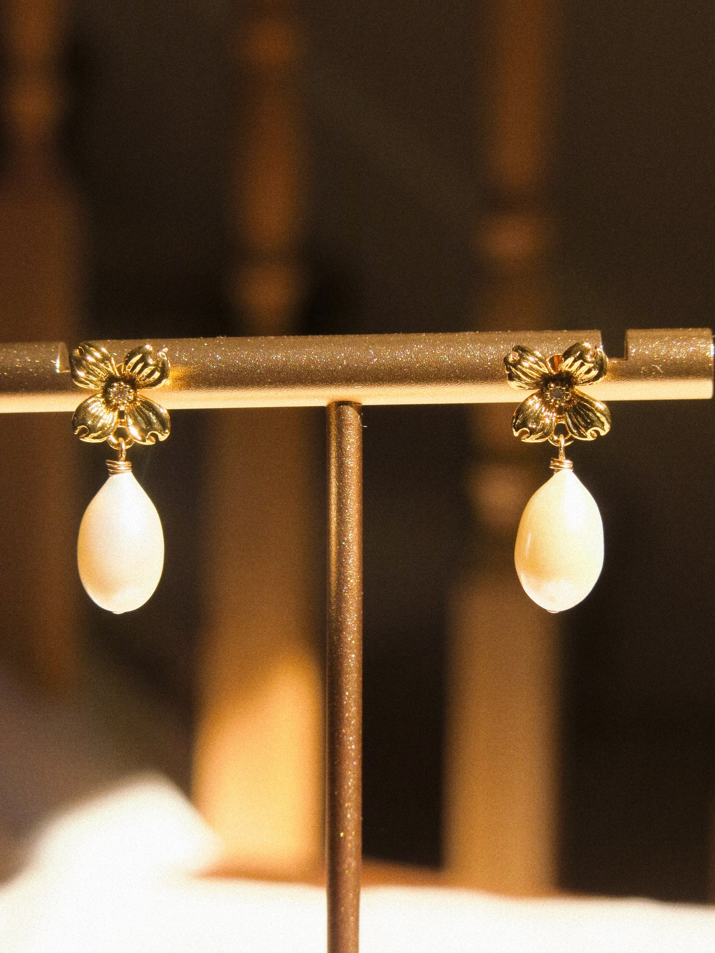 Flower Cubic Zirconia Post Earrings with White Teardrop Pearls, 925 Sterling Silver Post