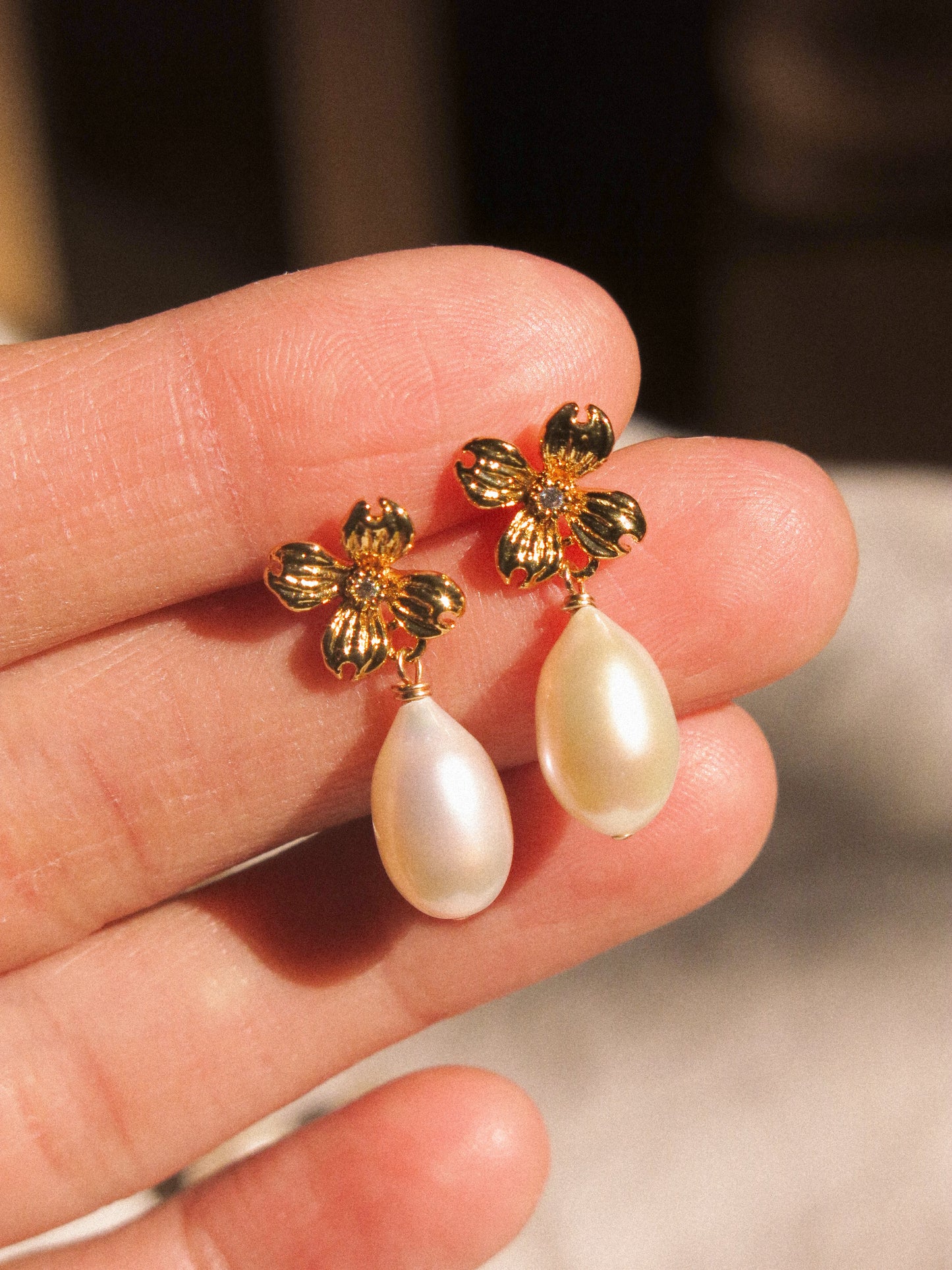 Flower Cubic Zirconia Post Earrings with White Teardrop Pearls, 925 Sterling Silver Post