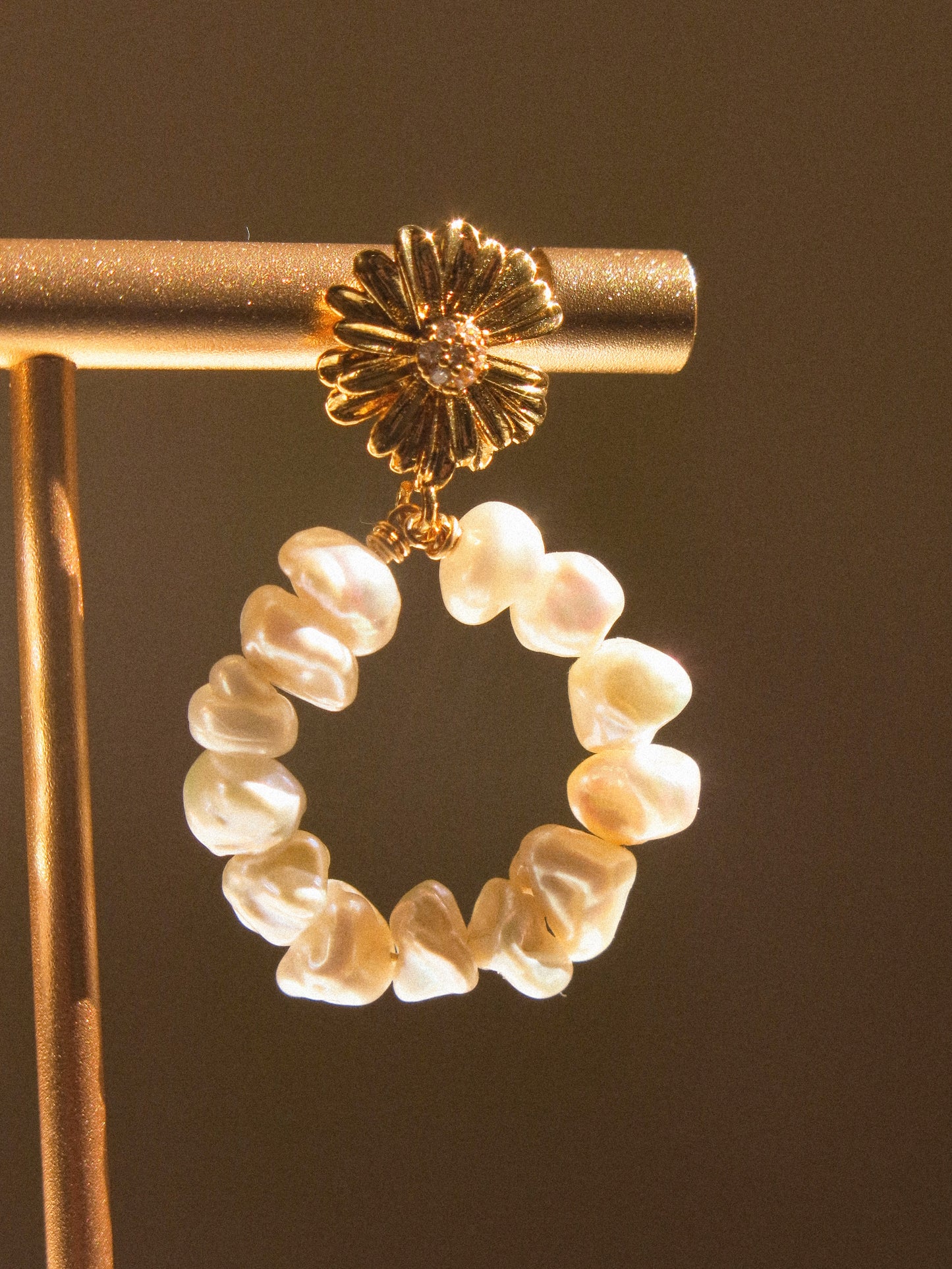 White Keshi Pearl Hoop Earrings on Zirconia Daisy Stud, 925 Sterling Silver Post