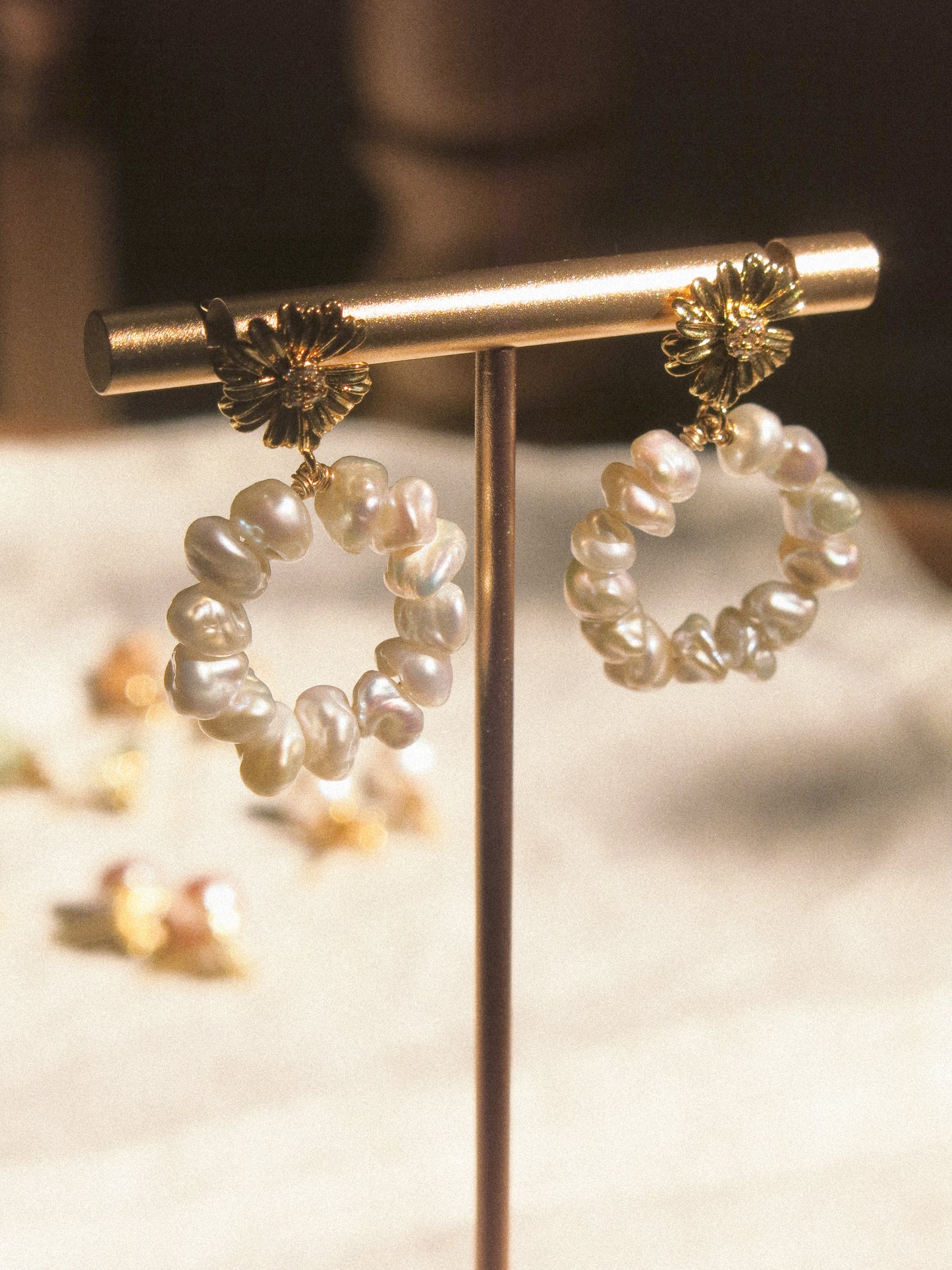 White Keshi Pearl Hoop Earrings on Zirconia Daisy Stud, 925 Sterling Silver Post