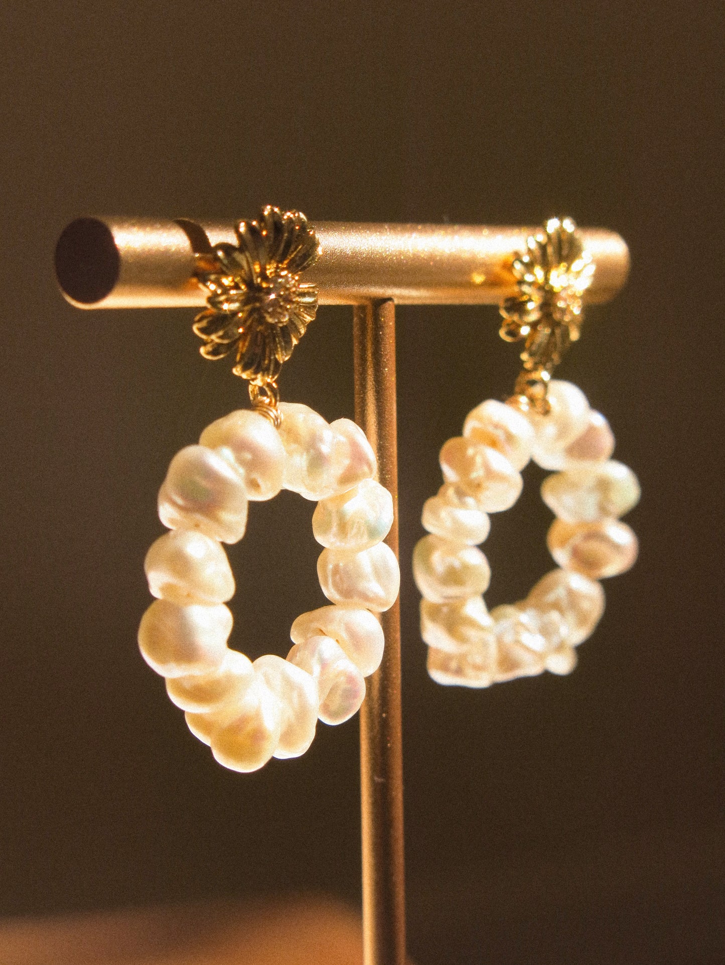 White Keshi Pearl Hoop Earrings on Zirconia Daisy Stud, 925 Sterling Silver Post