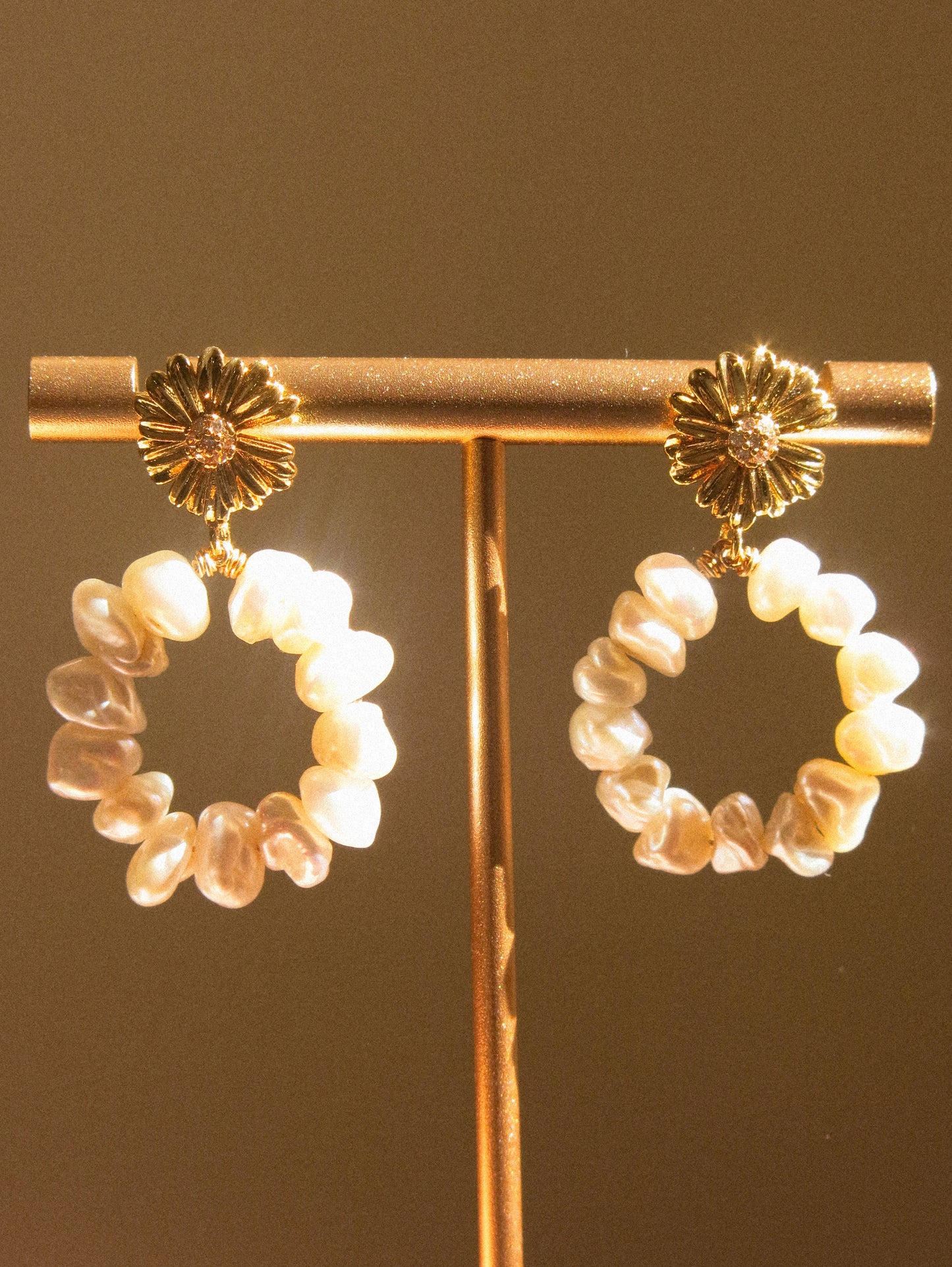 White Keshi Pearl Hoop Earrings on Zirconia Daisy Stud, 925 Sterling Silver Post