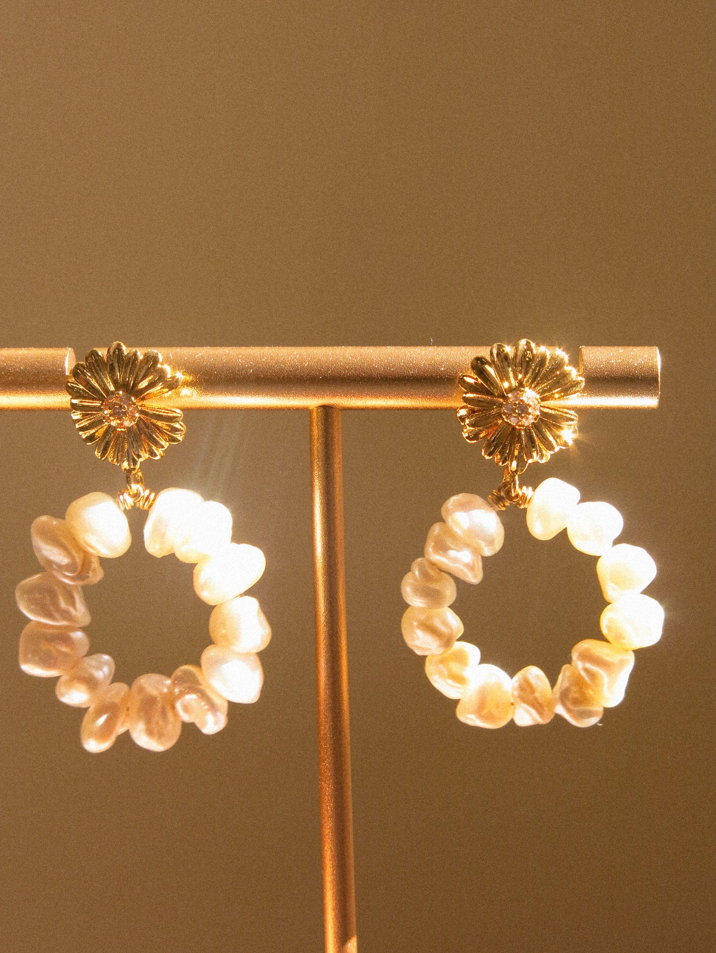 White Keshi Pearl Hoop Earrings on Zirconia Daisy Stud, 925 Sterling Silver Post
