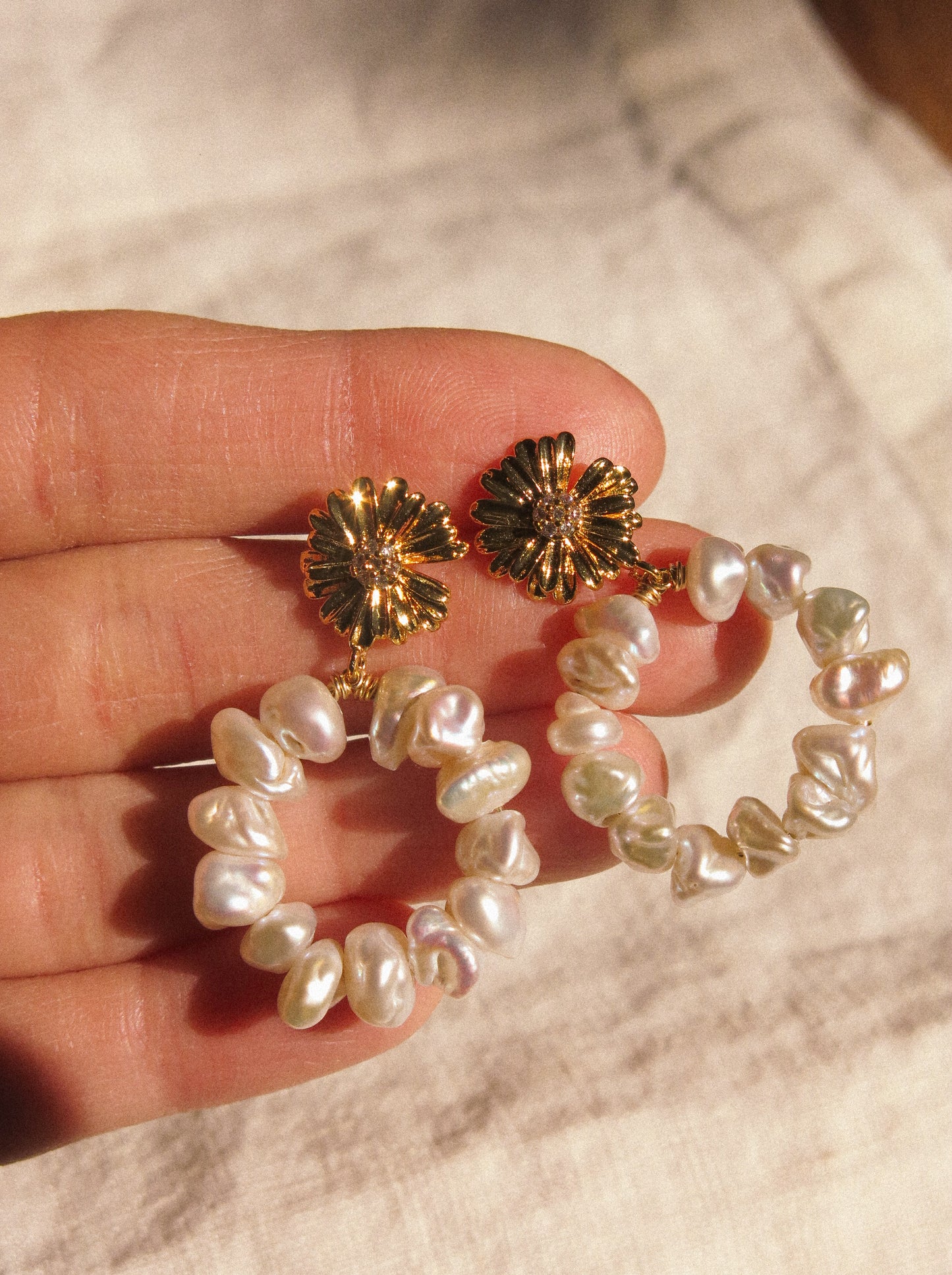 White Keshi Pearl Hoop Earrings on Zirconia Daisy Stud, 925 Sterling Silver Post