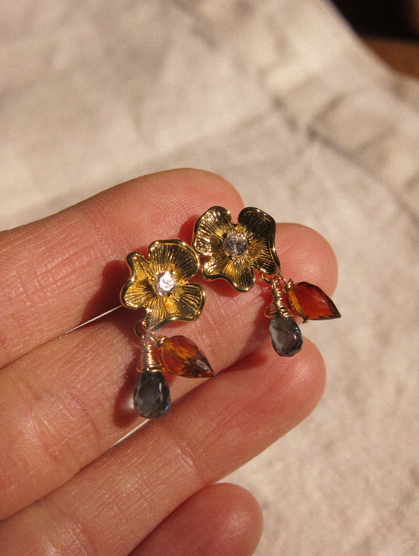 Flower Cubic Zirconia Post Earrings with London Blue Topaz and Brandy Citrine, 925 Sterling Silver Post