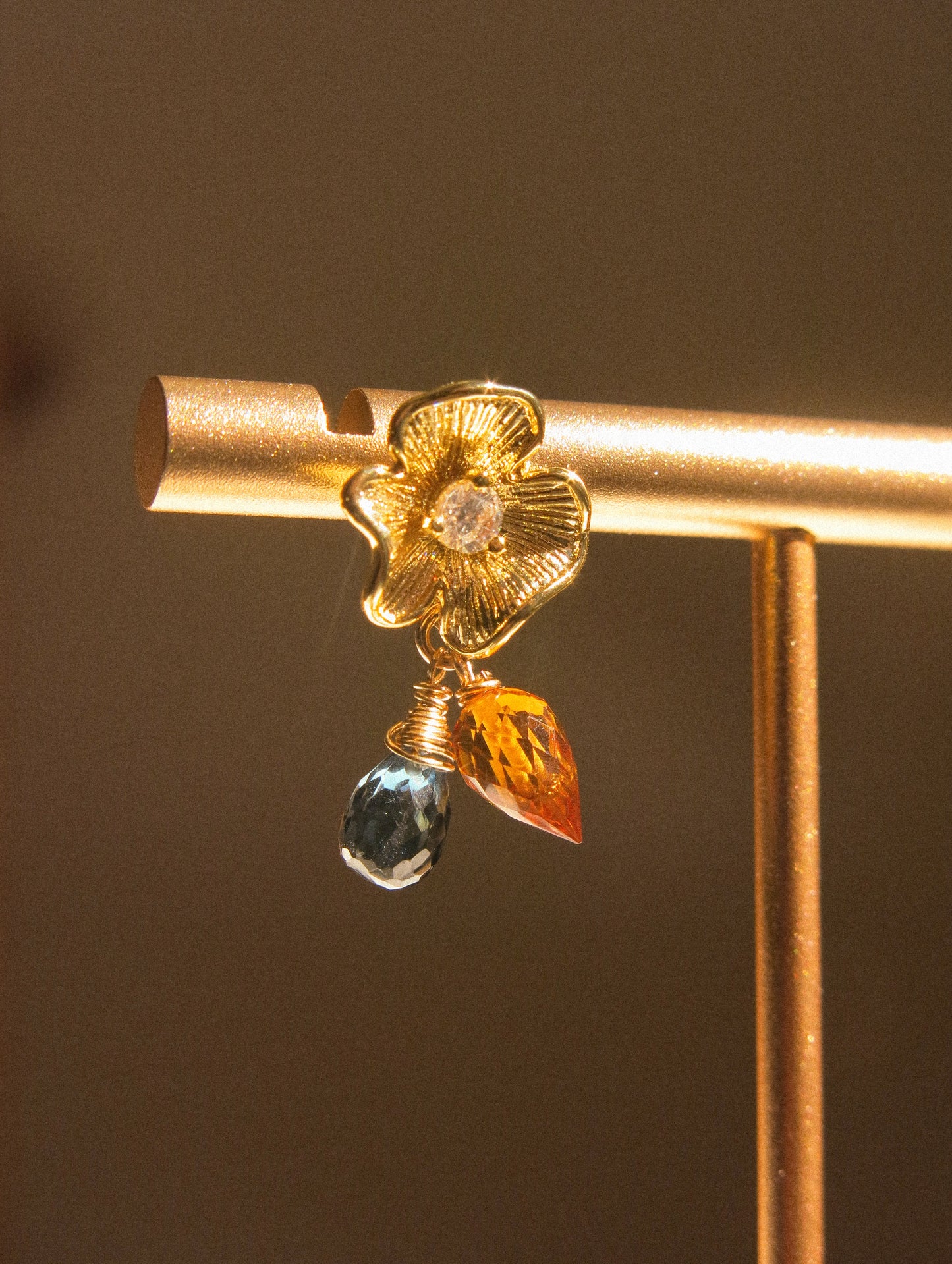 Flower Cubic Zirconia Post Earrings with London Blue Topaz and Brandy Citrine, 925 Sterling Silver Post
