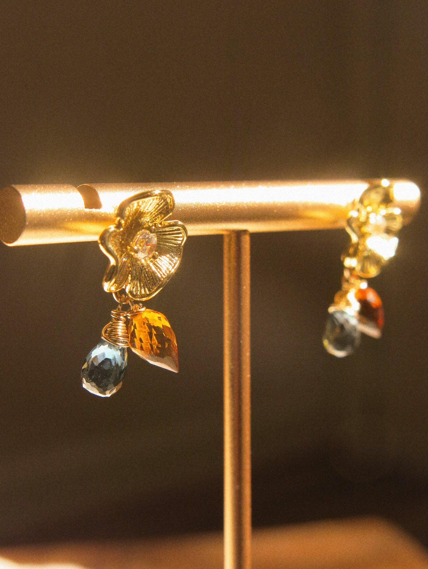 Flower Cubic Zirconia Post Earrings with London Blue Topaz and Brandy Citrine, 925 Sterling Silver Post