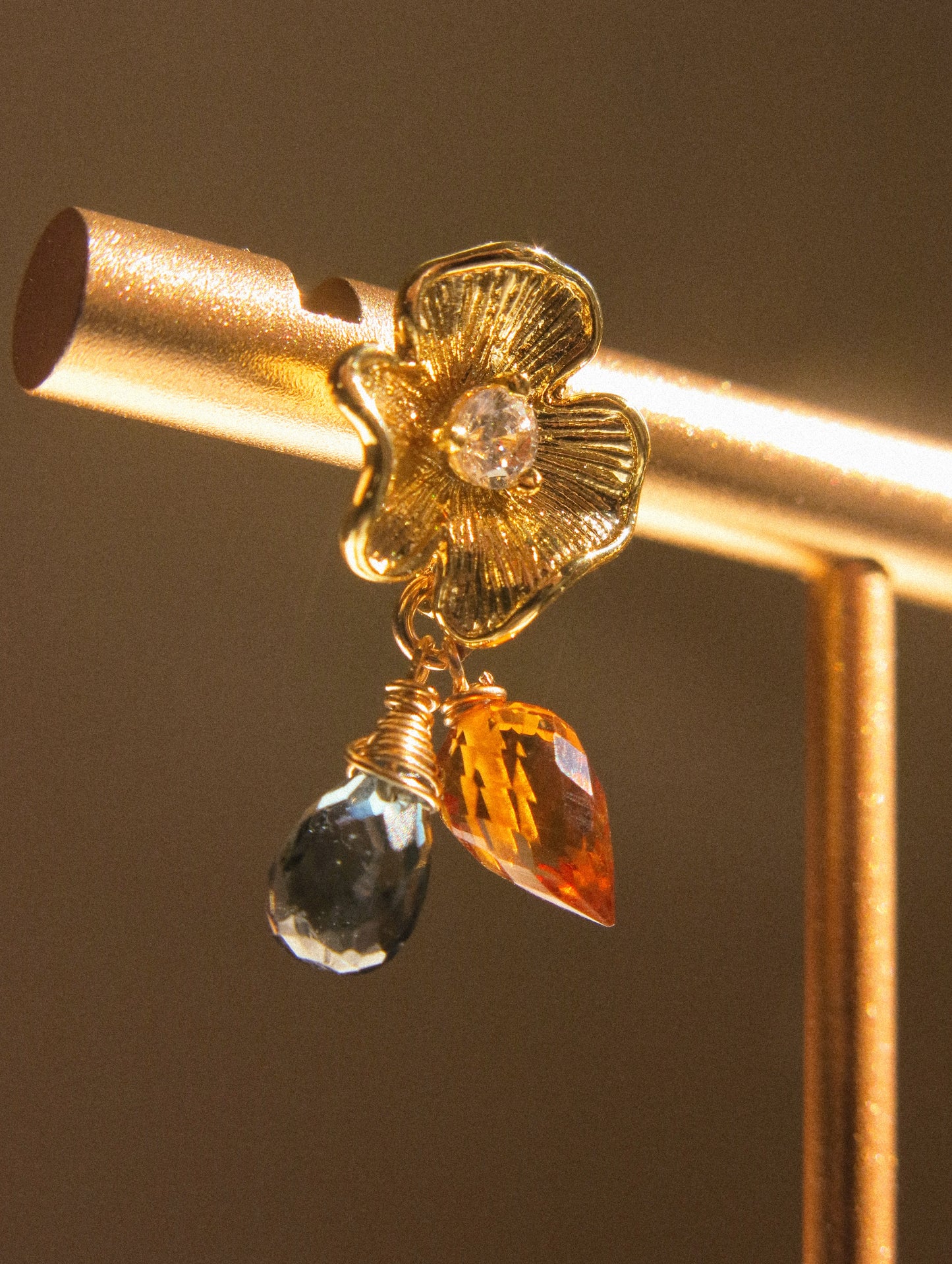 Flower Cubic Zirconia Post Earrings with London Blue Topaz and Brandy Citrine, 925 Sterling Silver Post