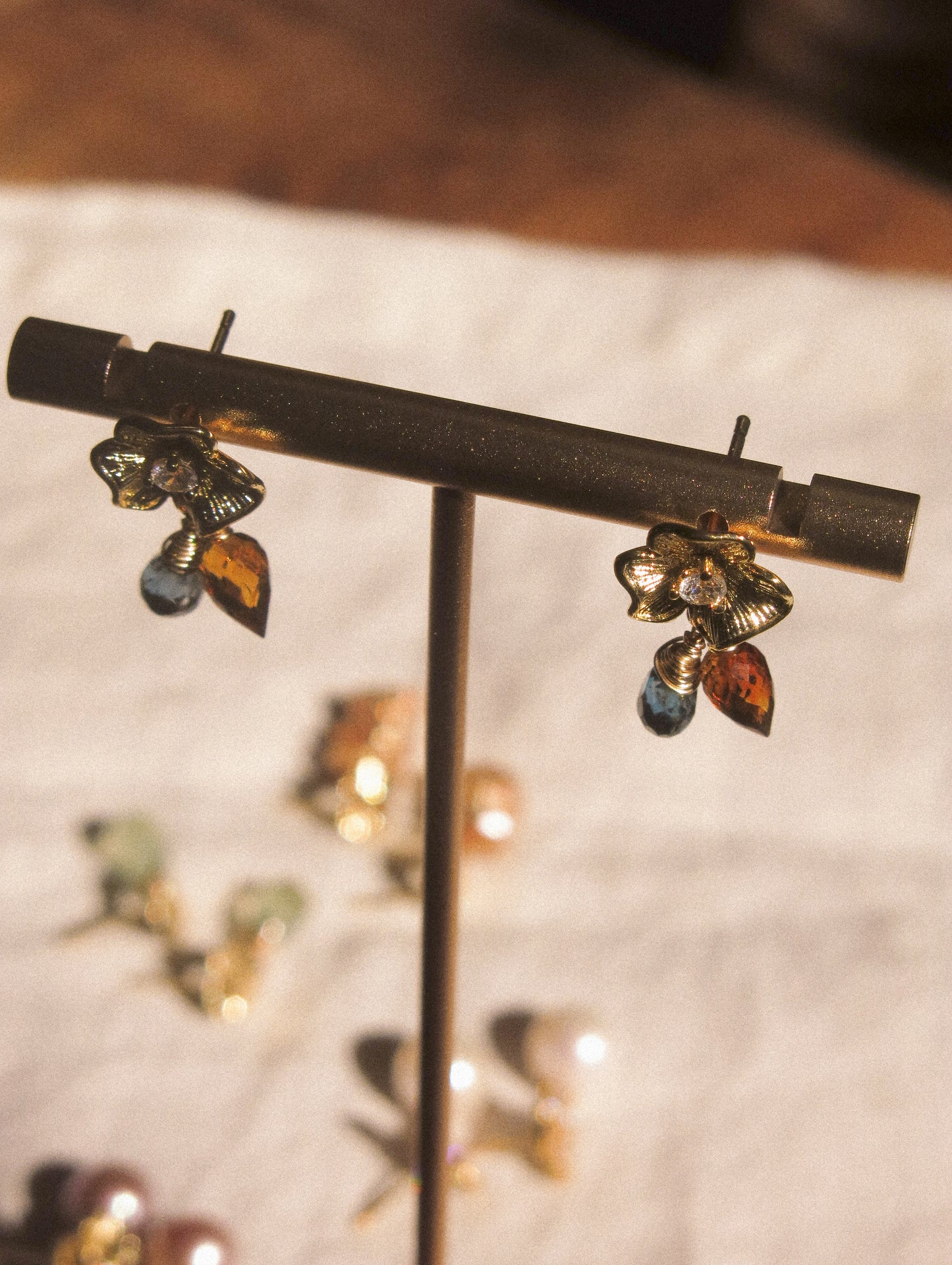 Flower Cubic Zirconia Post Earrings with London Blue Topaz and Brandy Citrine, 925 Sterling Silver Post