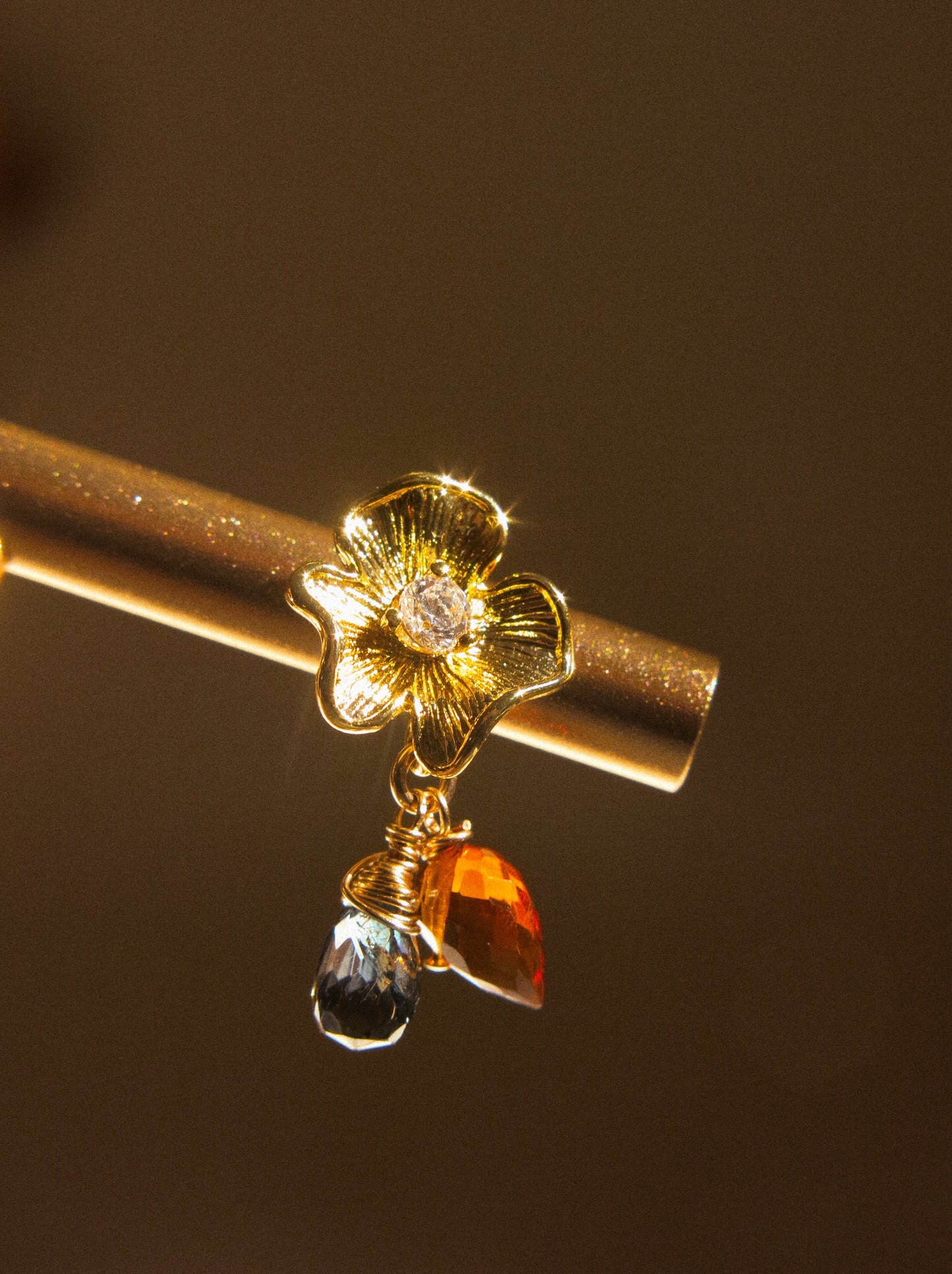 Flower Cubic Zirconia Post Earrings with London Blue Topaz and Brandy Citrine, 925 Sterling Silver Post