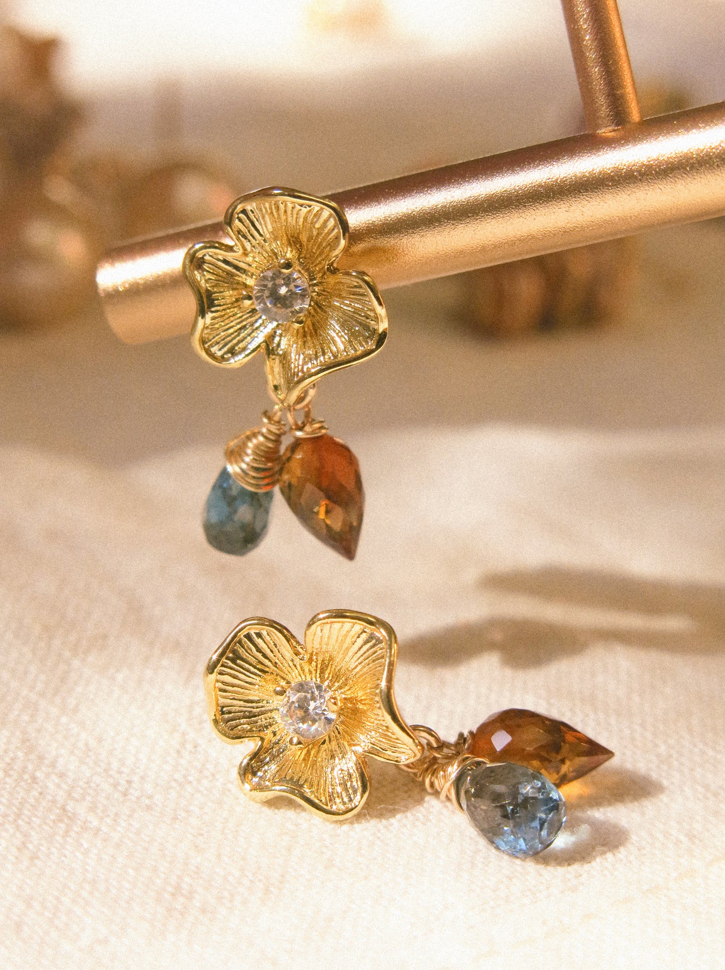 Flower Cubic Zirconia Post Earrings with London Blue Topaz and Brandy Citrine, 925 Sterling Silver Post