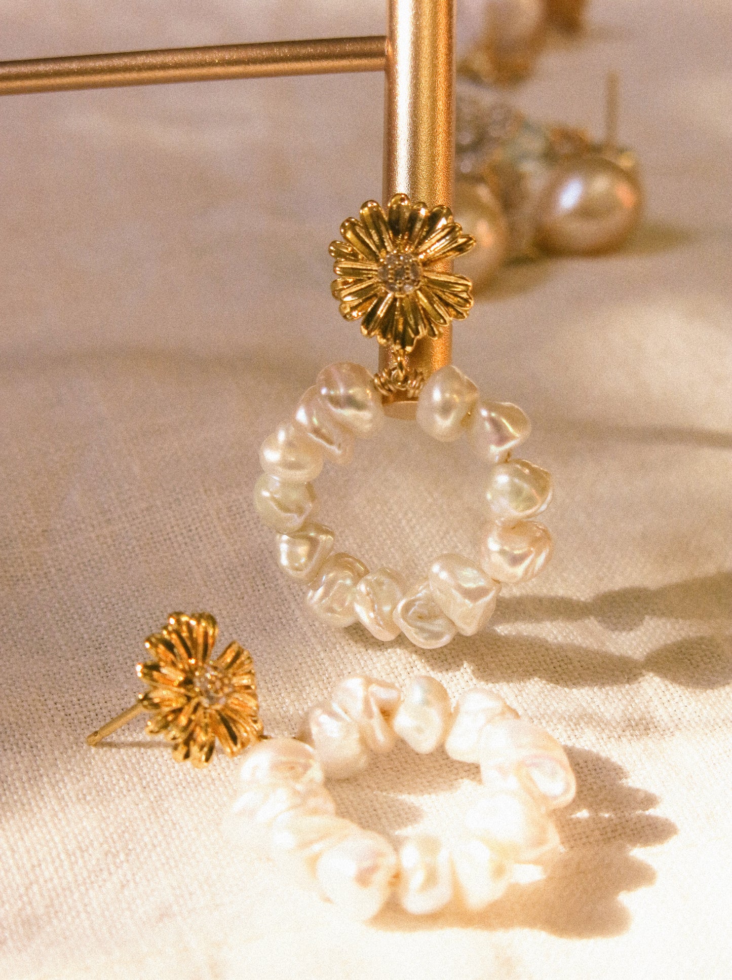 White Keshi Pearl Hoop Earrings on Zirconia Daisy Stud, 925 Sterling Silver Post