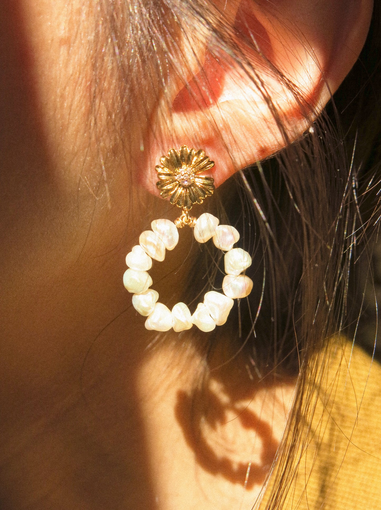 White Keshi Pearl Hoop Earrings on Zirconia Daisy Stud, 925 Sterling Silver Post