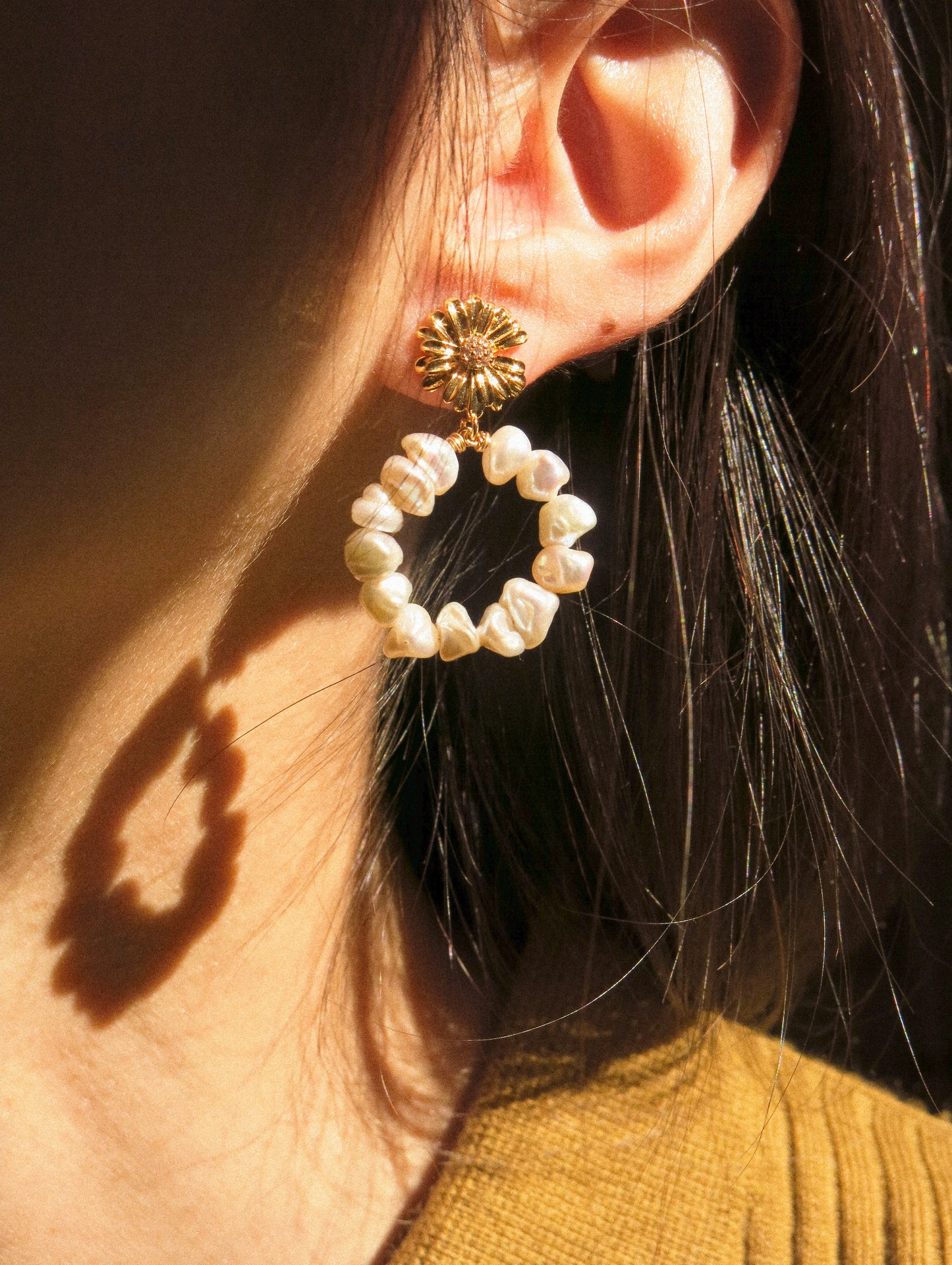 White Keshi Pearl Hoop Earrings on Zirconia Daisy Stud, 925 Sterling Silver Post