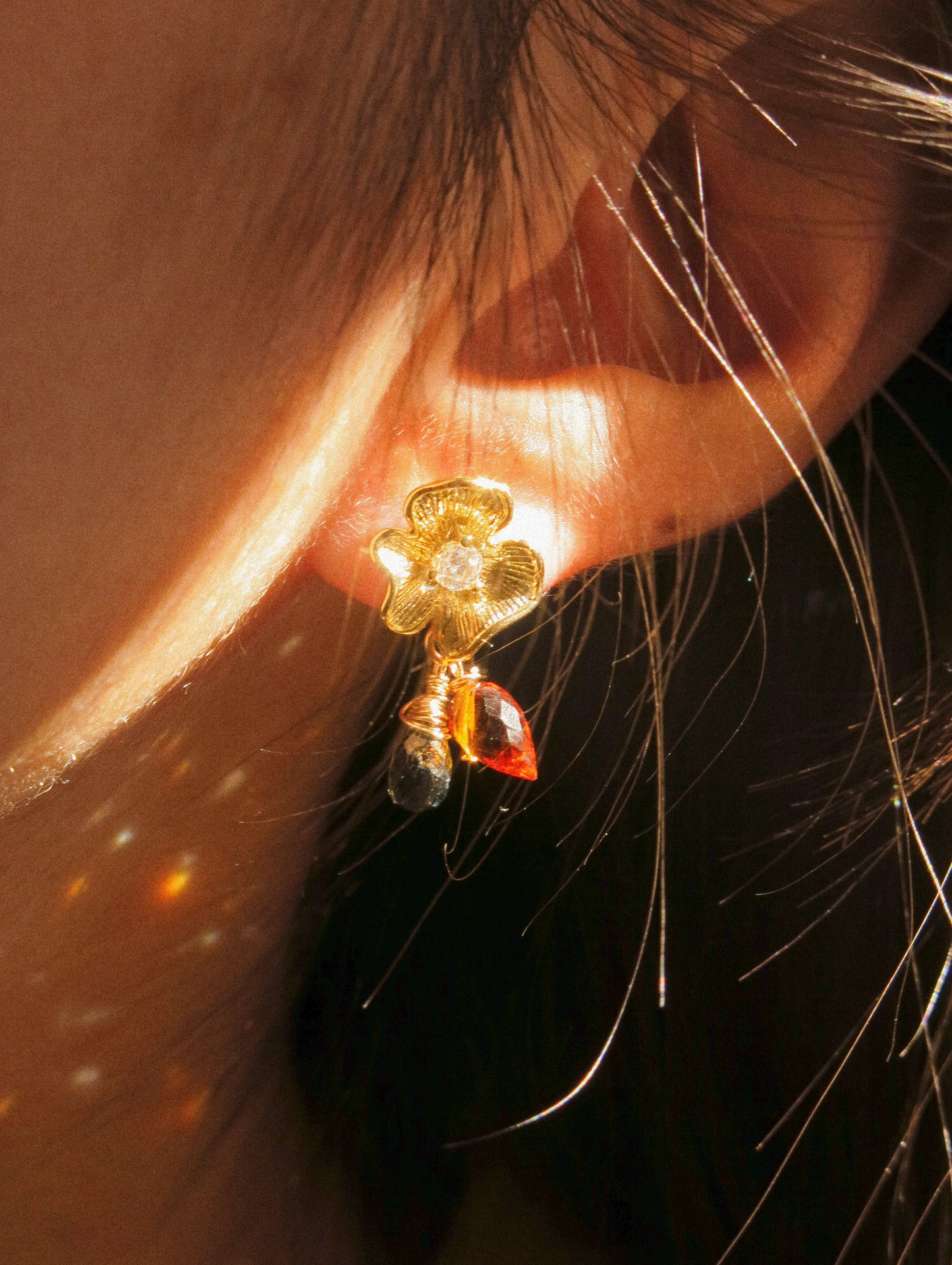 Flower Cubic Zirconia Post Earrings with London Blue Topaz and Brandy Citrine, 925 Sterling Silver Post