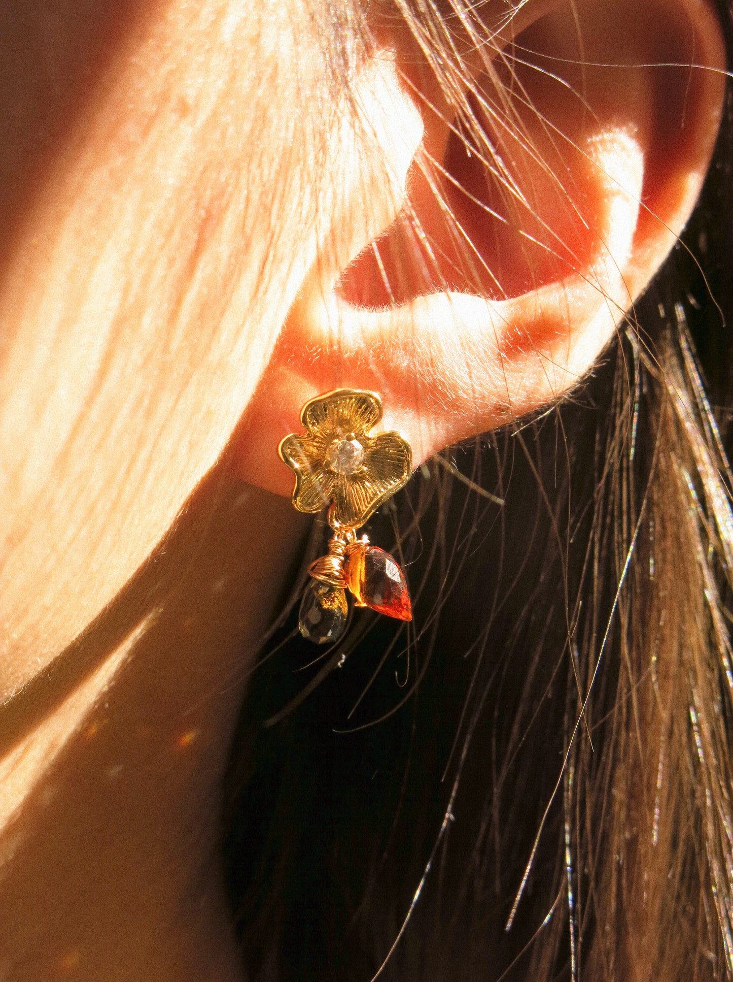 Flower Cubic Zirconia Post Earrings with London Blue Topaz and Brandy Citrine, 925 Sterling Silver Post