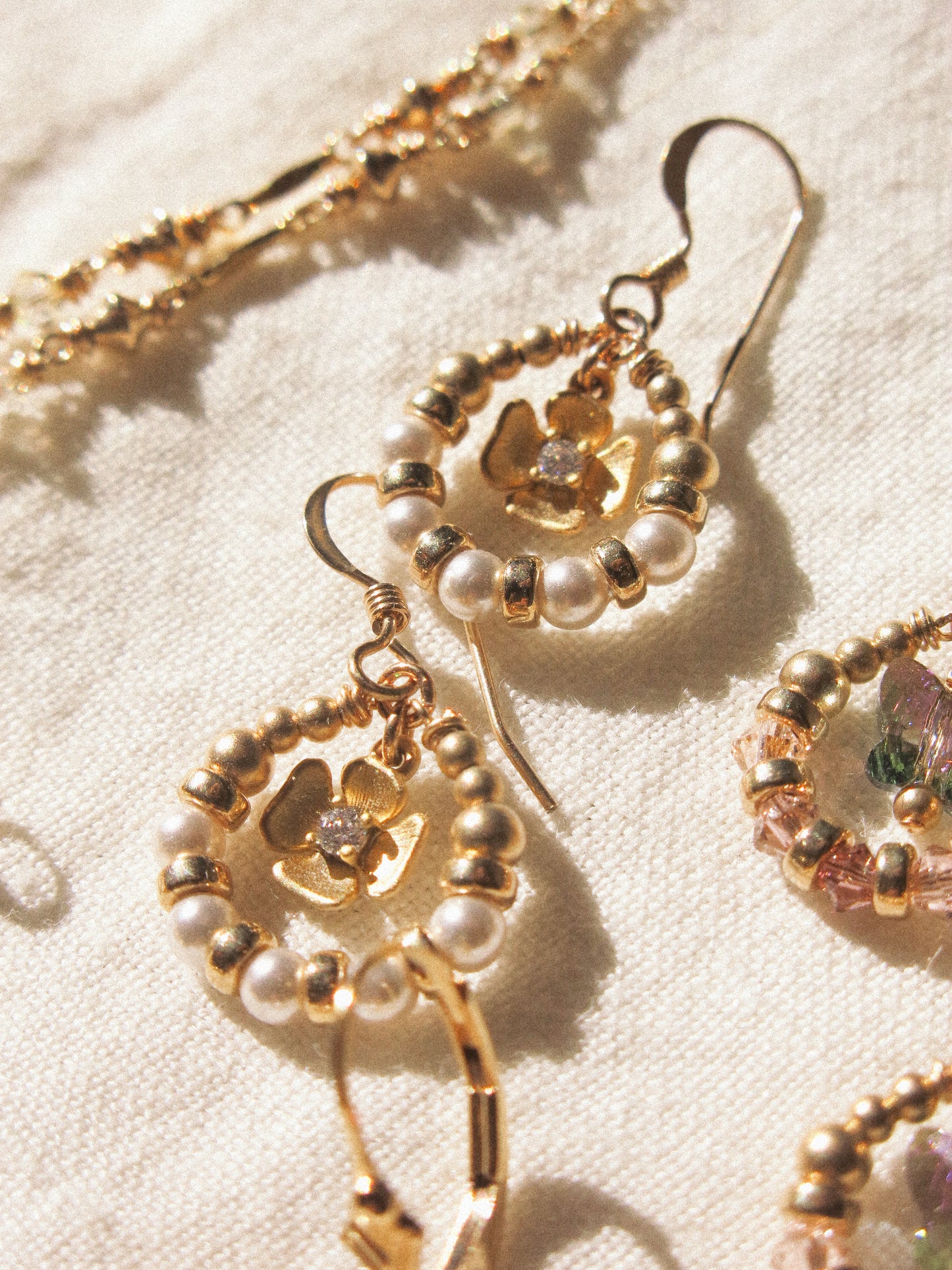 Suila Earrings with Petite Matte Gold Flower, Cubic Zirconia and White Glass Pearls, 14K Gold Fill