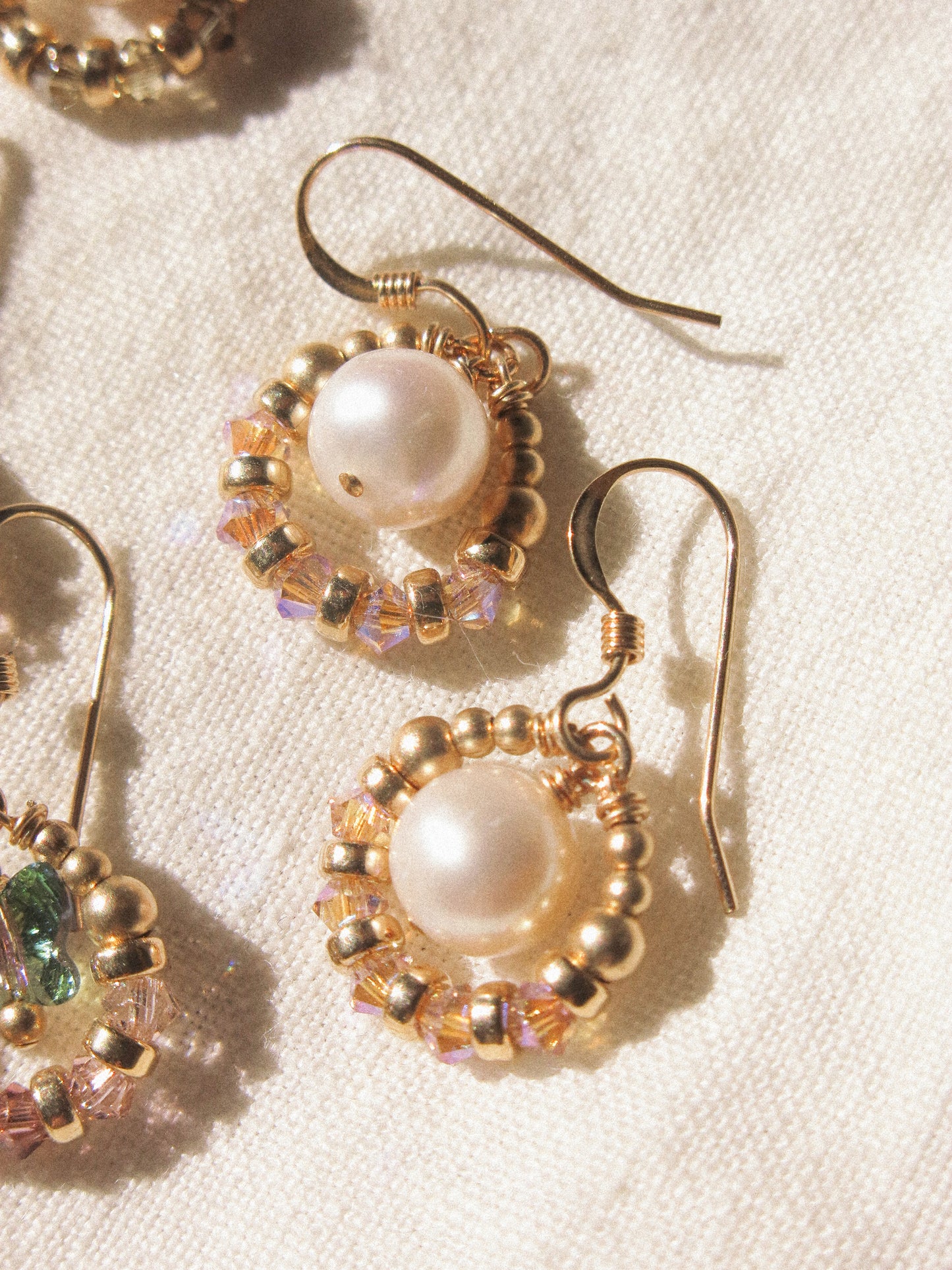 Suila Earrings with White Round Pearl and Mystic Lavender Swarovski Crystal, 14K Gold Fill