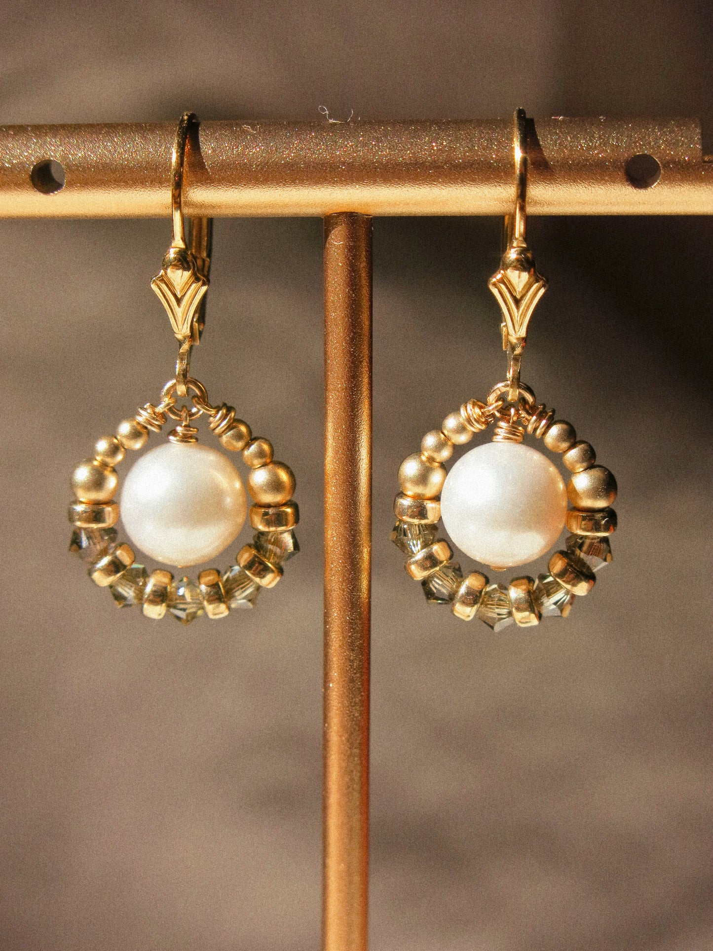 Suila Earrings with White Round Pearl and Muted Silver Green Swarovski Crystal, 14K Gold Fill, Fleur de Lis Lever Back Earrings