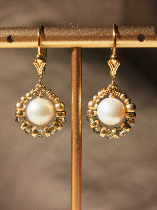 Suila Earrings with White Round Pearl and Muted Silver Green Swarovski Crystal, 14K Gold Fill, Fleur de Lis Lever Back Earrings