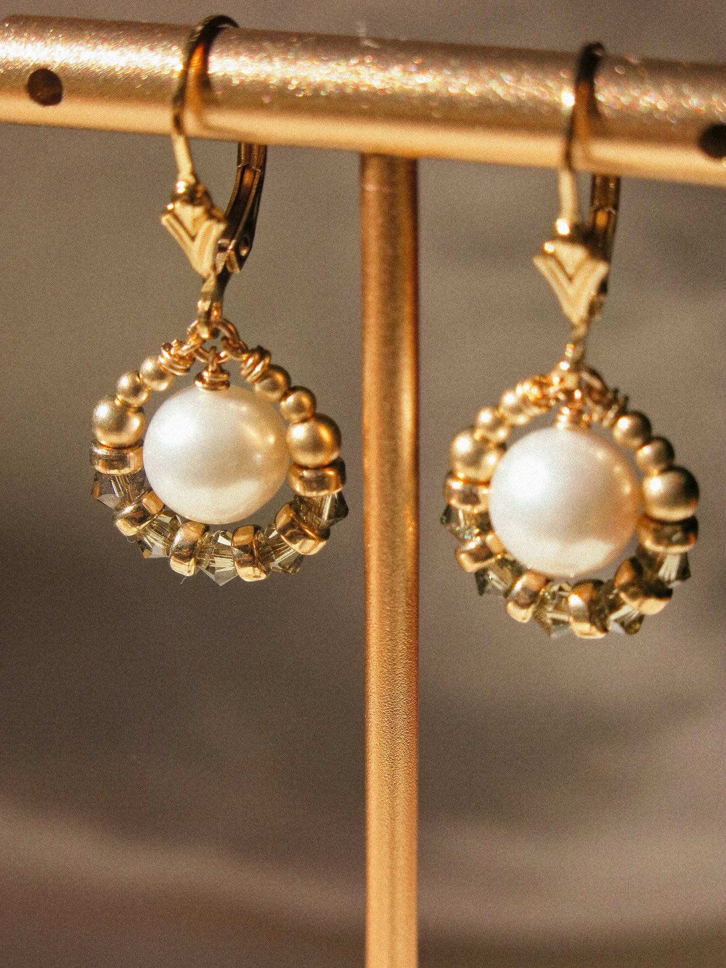 Suila Earrings with White Round Pearl and Muted Silver Green Swarovski Crystal, 14K Gold Fill, Fleur de Lis Lever Back Earrings