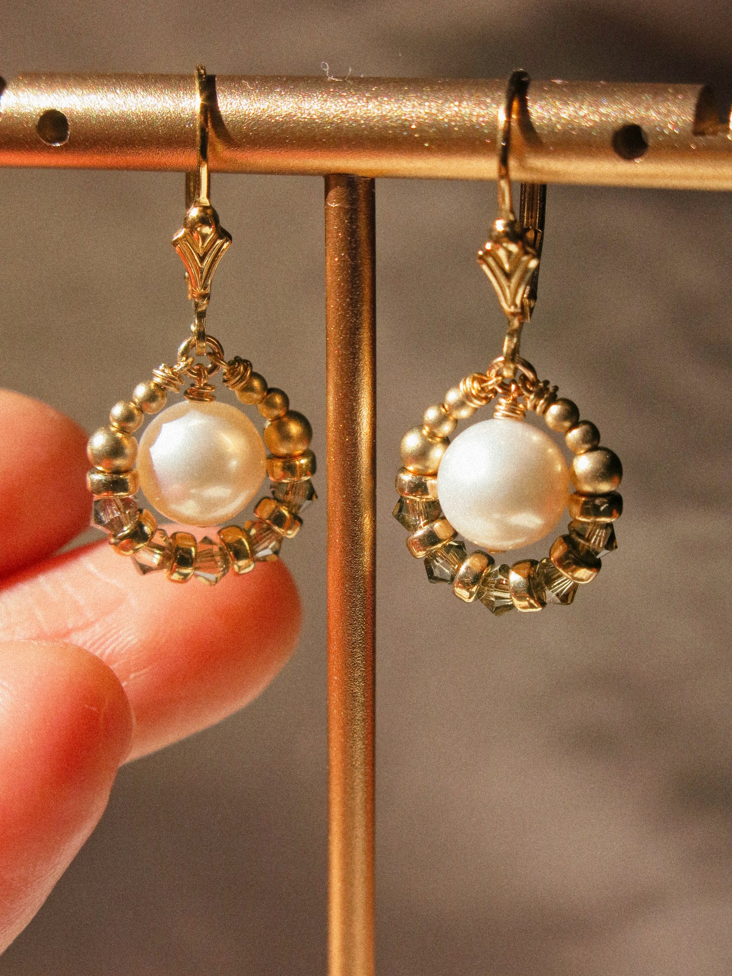 Suila Earrings with White Round Pearl and Muted Silver Green Swarovski Crystal, 14K Gold Fill, Fleur de Lis Lever Back Earrings
