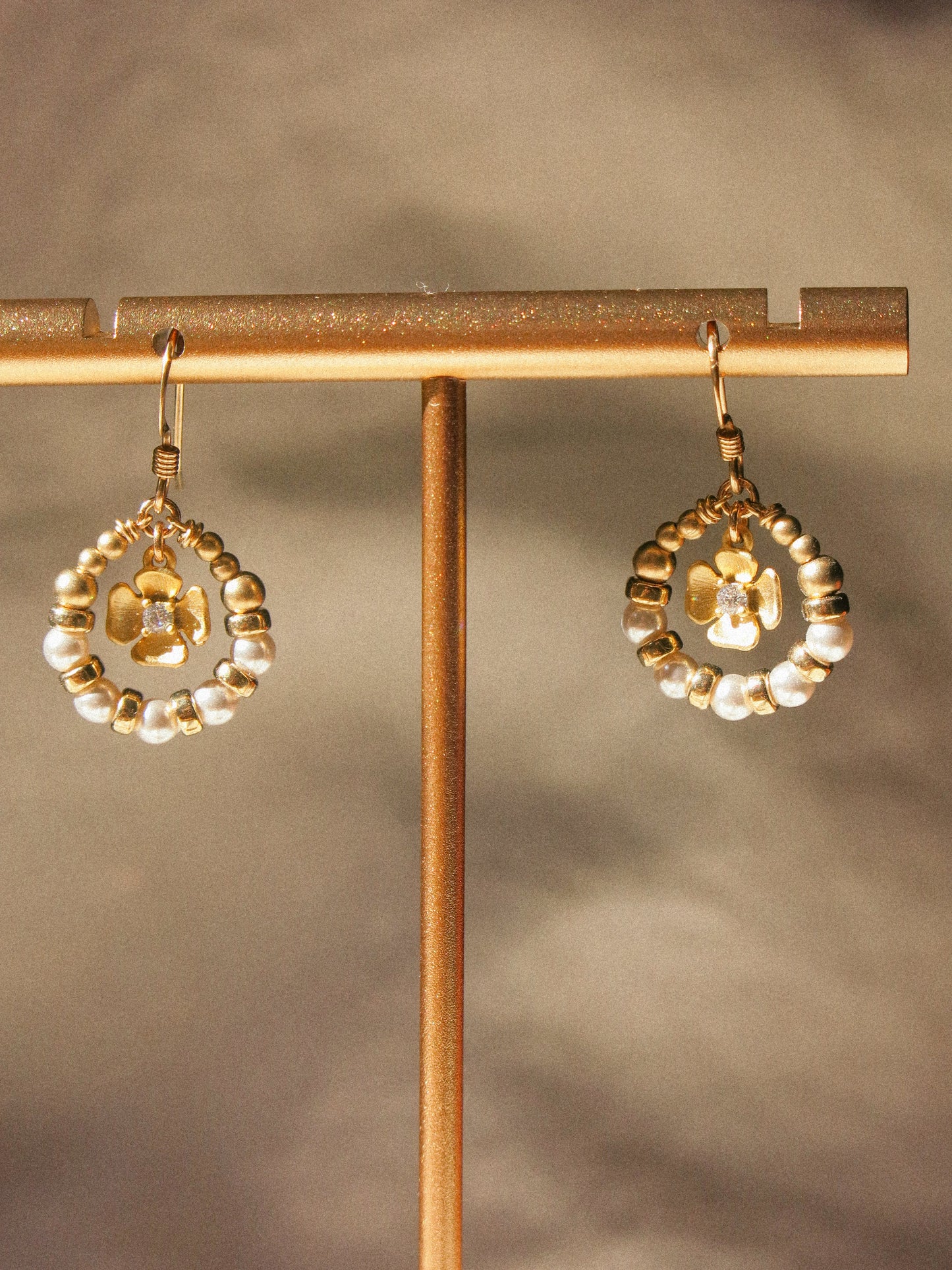 Suila Earrings with Petite Matte Gold Flower, Cubic Zirconia and White Glass Pearls, 14K Gold Fill