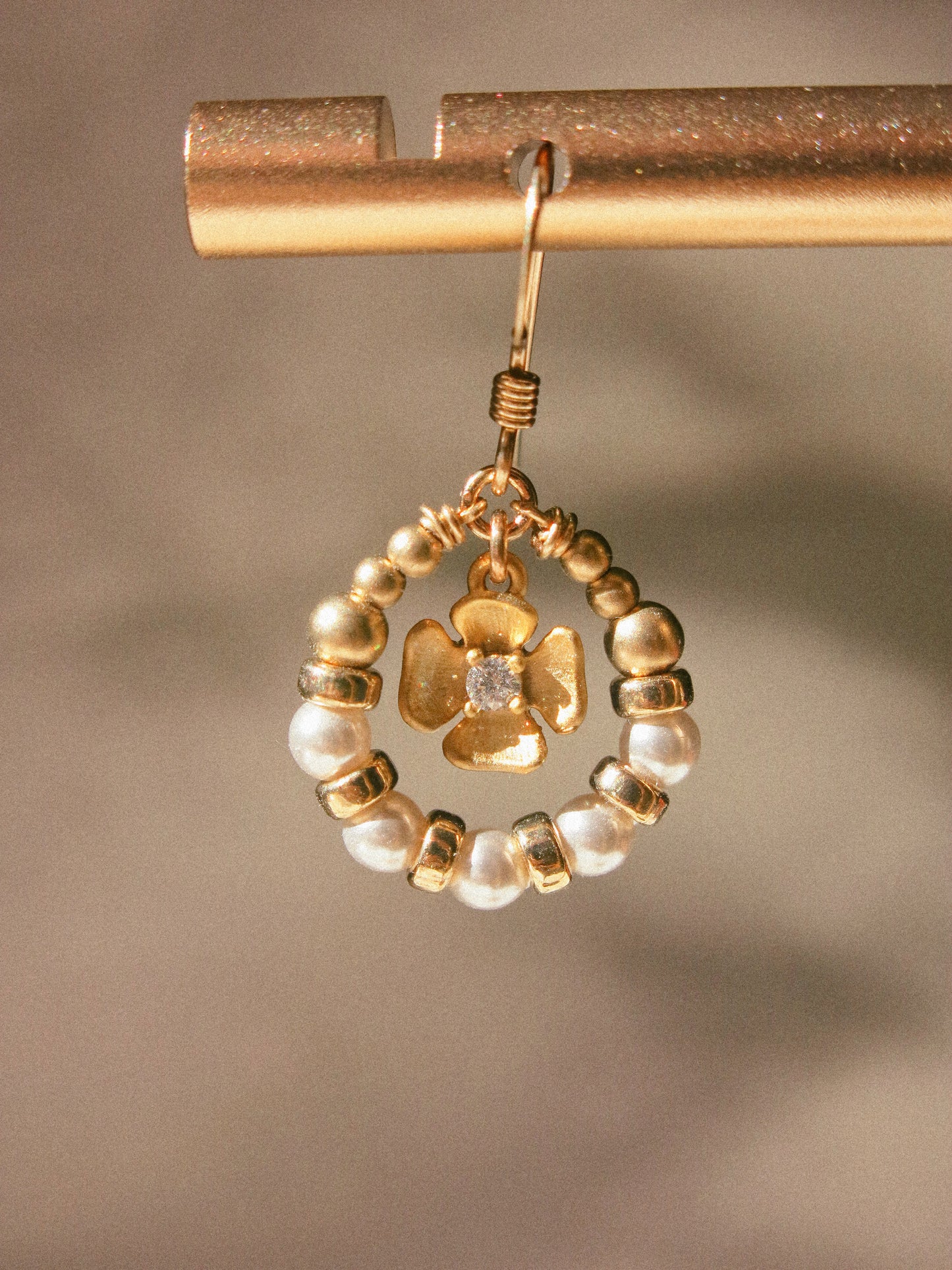 Suila Earrings with Petite Matte Gold Flower, Cubic Zirconia and White Glass Pearls, 14K Gold Fill
