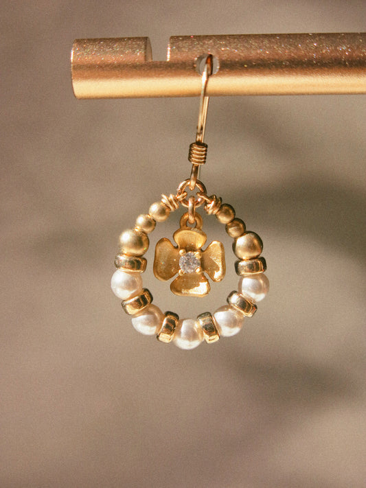 Suila Earrings with Petite Matte Gold Flower, Cubic Zirconia and White Glass Pearls, 14K Gold Fill