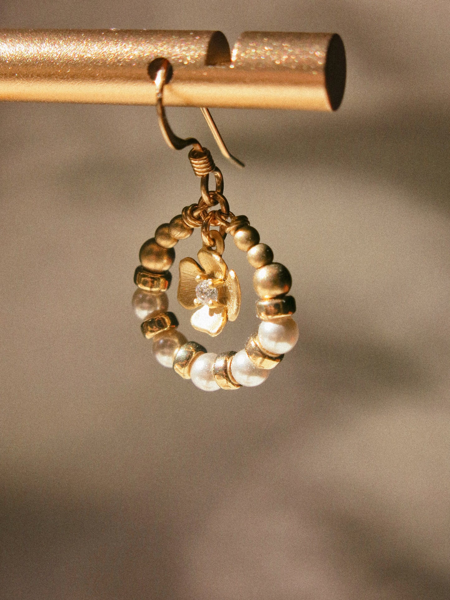 Suila Earrings with Petite Matte Gold Flower, Cubic Zirconia and White Glass Pearls, 14K Gold Fill