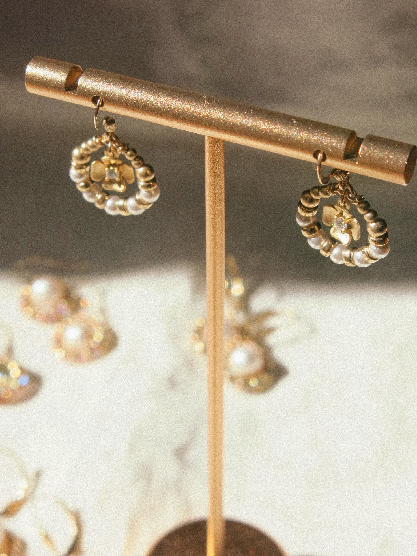 Suila Earrings with Petite Matte Gold Flower, Cubic Zirconia and White Glass Pearls, 14K Gold Fill