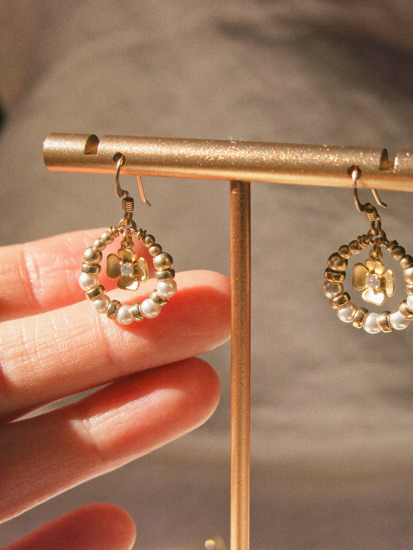 Suila Earrings with Petite Matte Gold Flower, Cubic Zirconia and White Glass Pearls, 14K Gold Fill