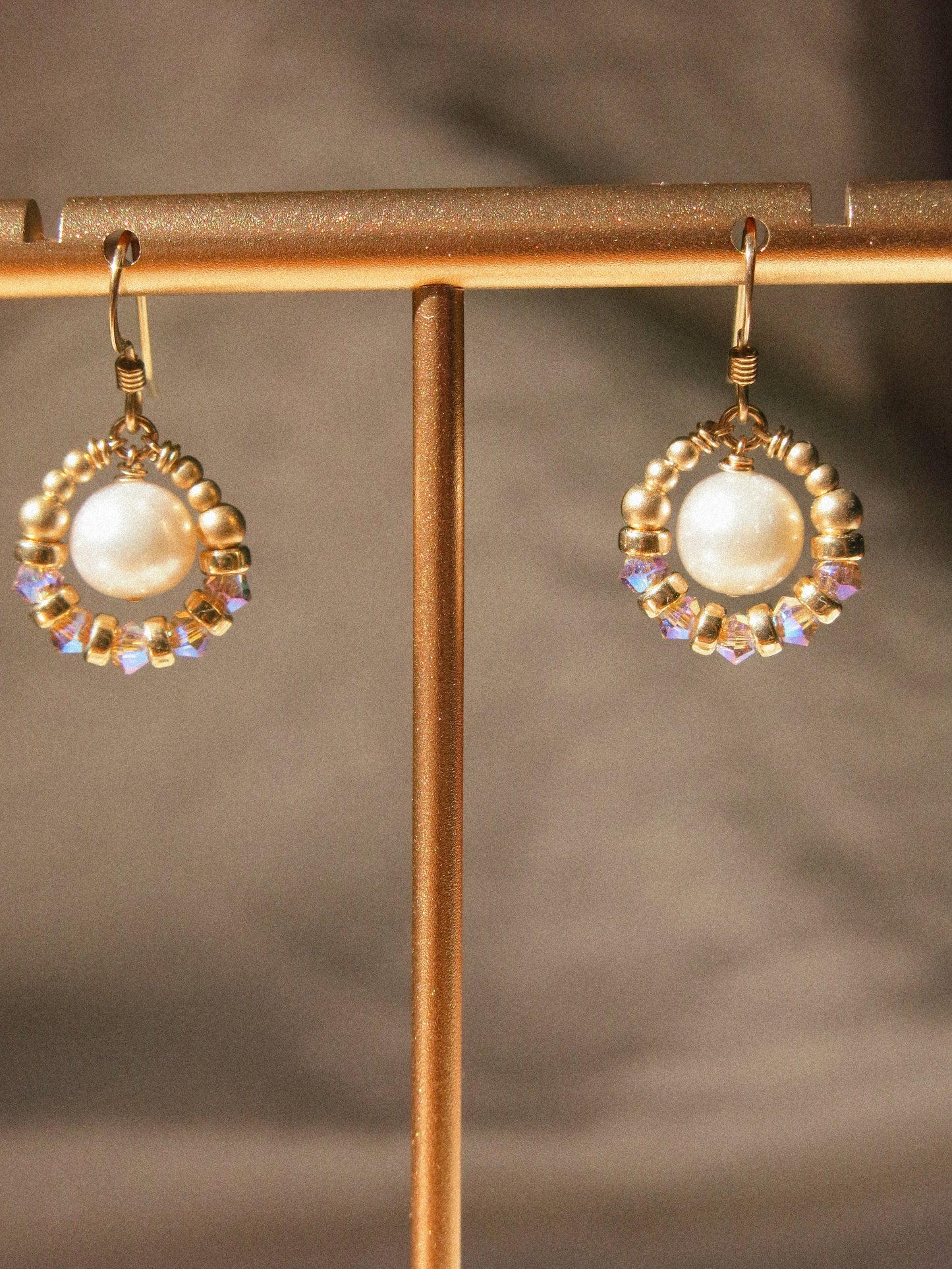 Suila Earrings with White Round Pearl and Mystic Lavender Swarovski Crystal, 14K Gold Fill