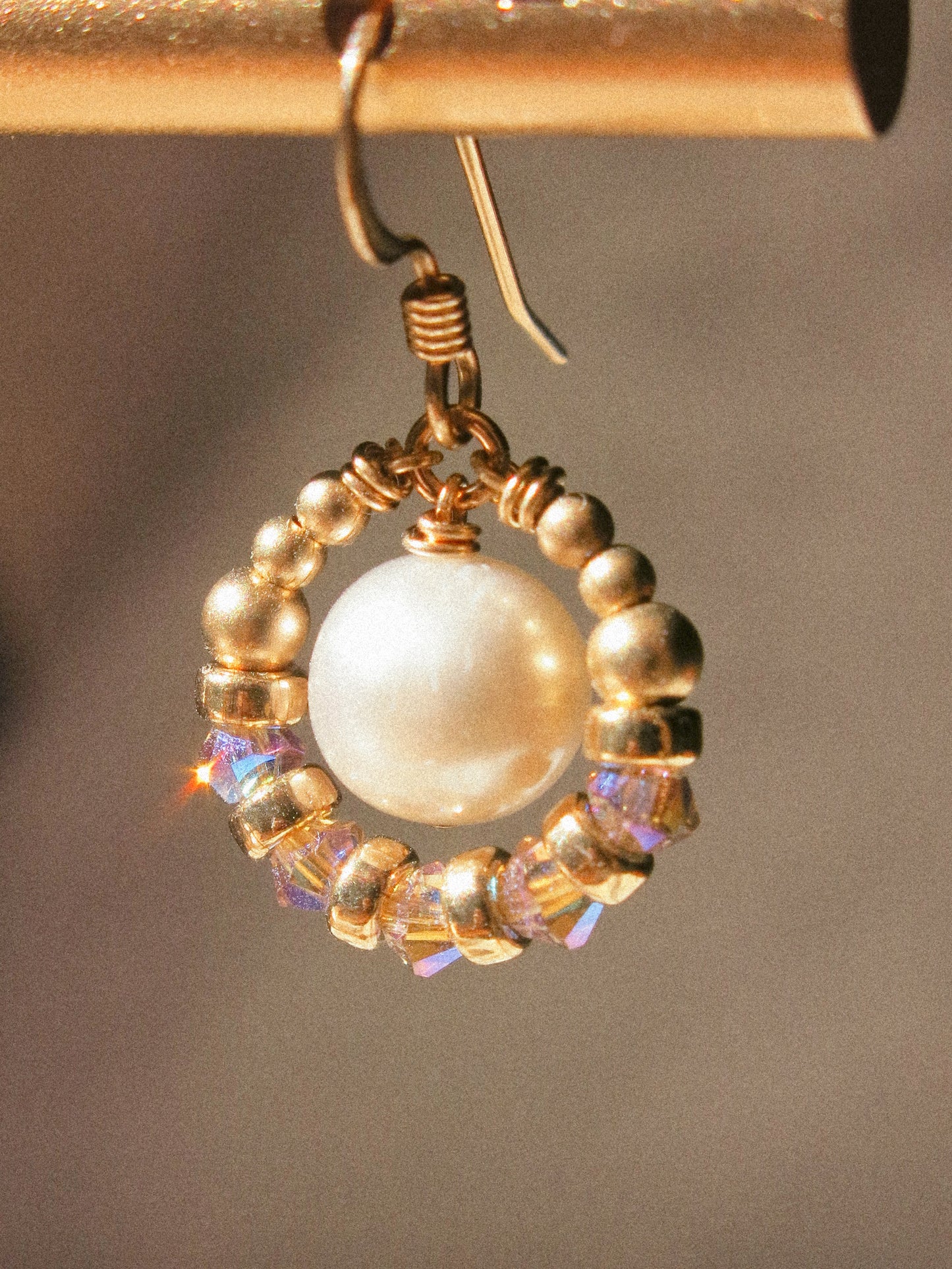 Suila Earrings with White Round Pearl and Mystic Lavender Swarovski Crystal, 14K Gold Fill