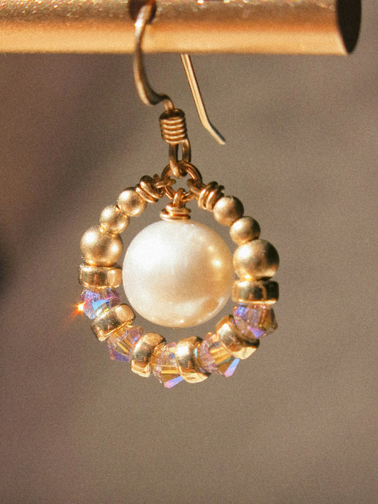 Suila Earrings with White Round Pearl and Mystic Lavender Swarovski Crystal, 14K Gold Fill